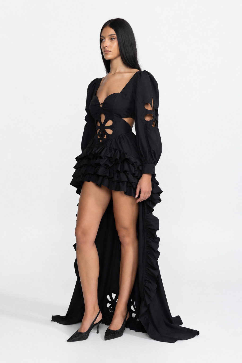 Aurelie Black Embroidered Cutout Puff Sleeve High-Low Ruffle Gown