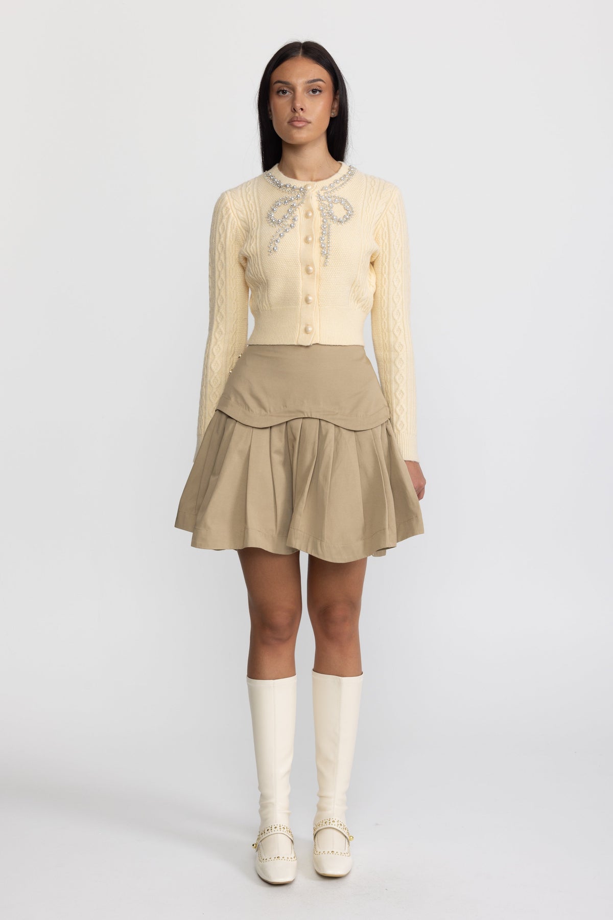 Pearl Bow Embellished Cable Knit Cardigan - Yellow