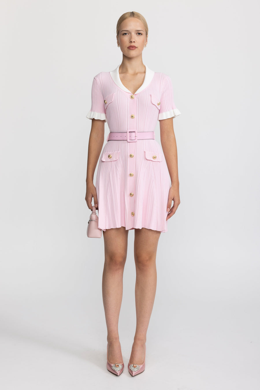 Ribbed Knit Contrast Collar Belted Mini Dress - Pink