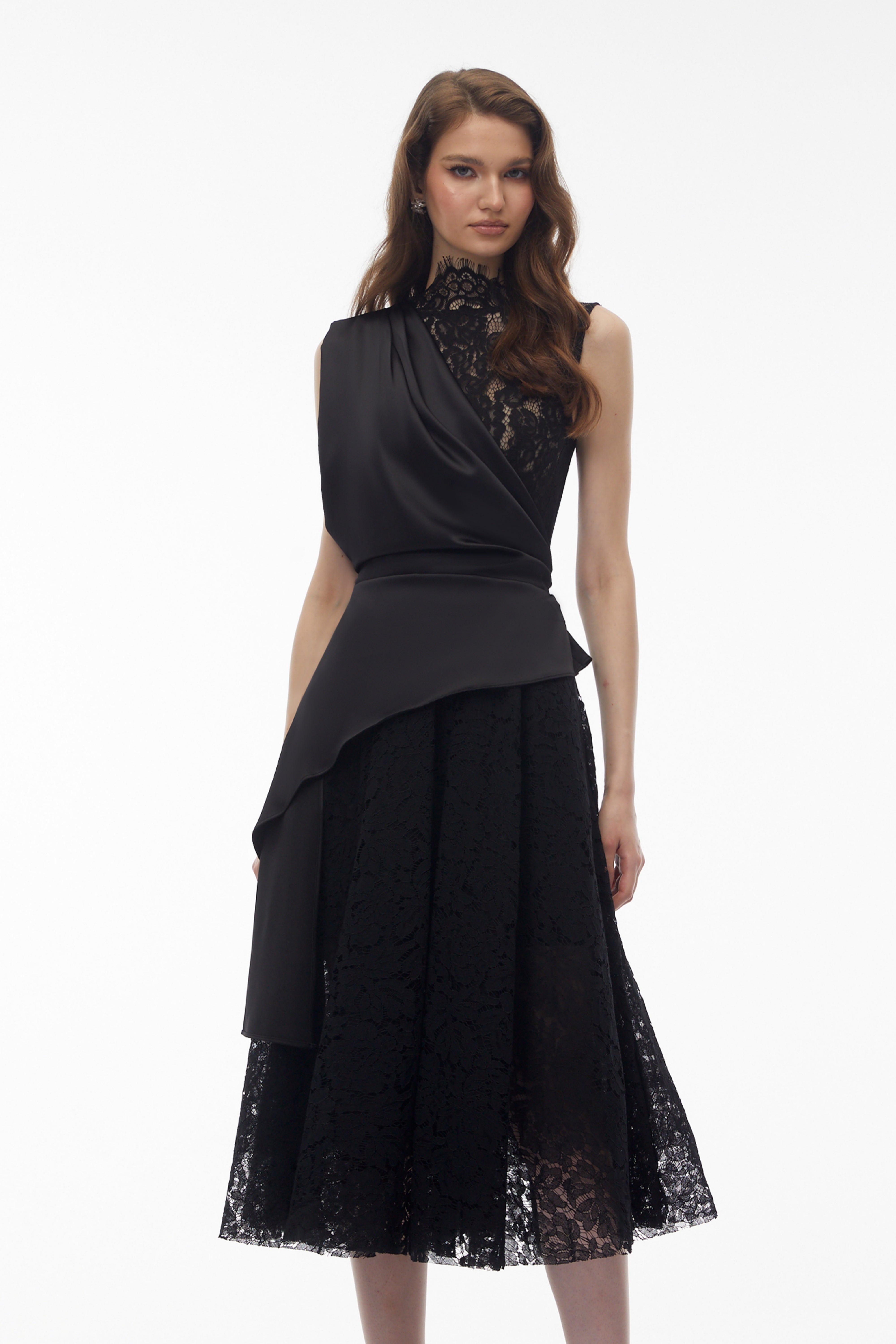 Bastet Black Floral Lace Pleated Maxi Dress