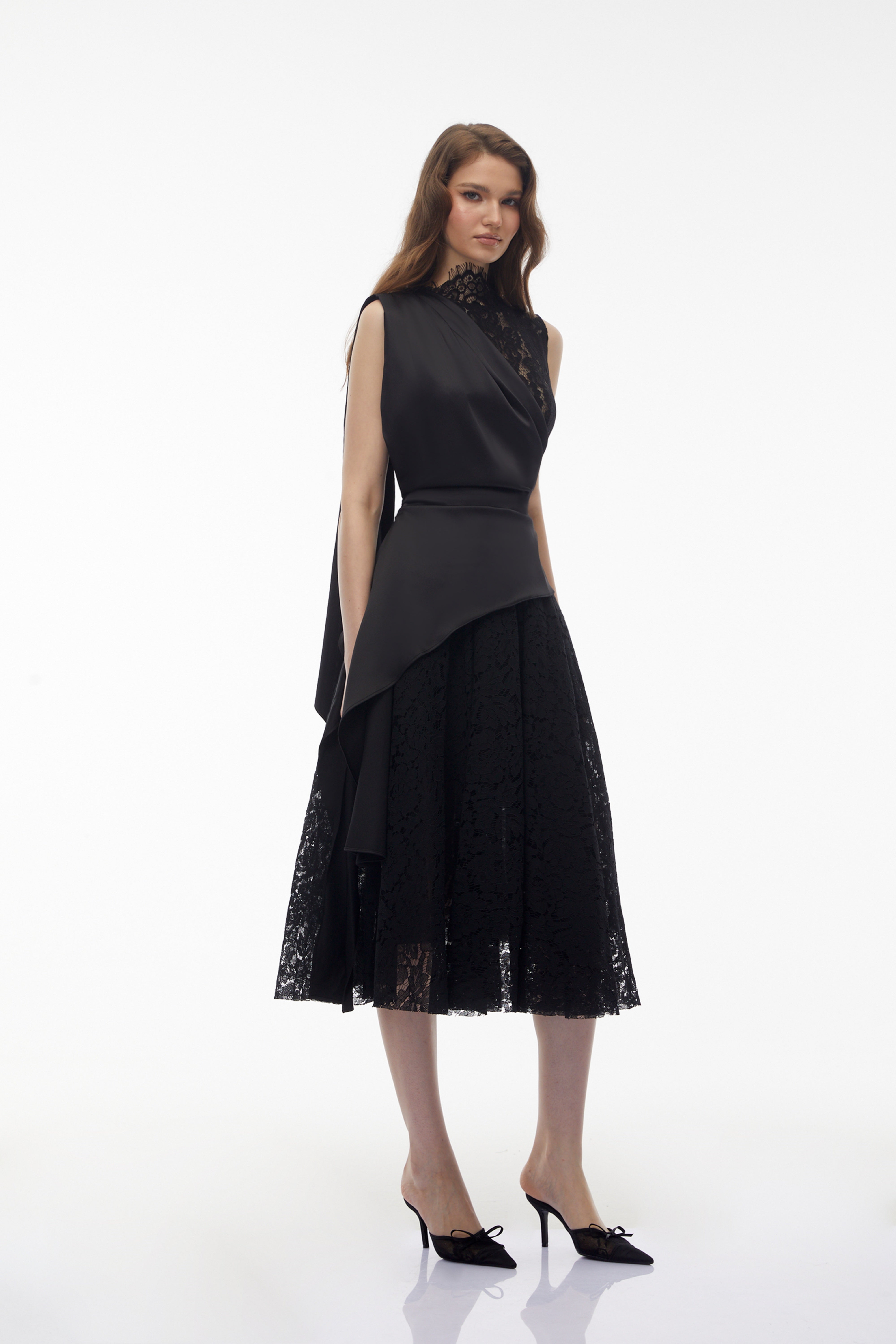 Bastet Black Floral Lace Pleated Maxi Dress