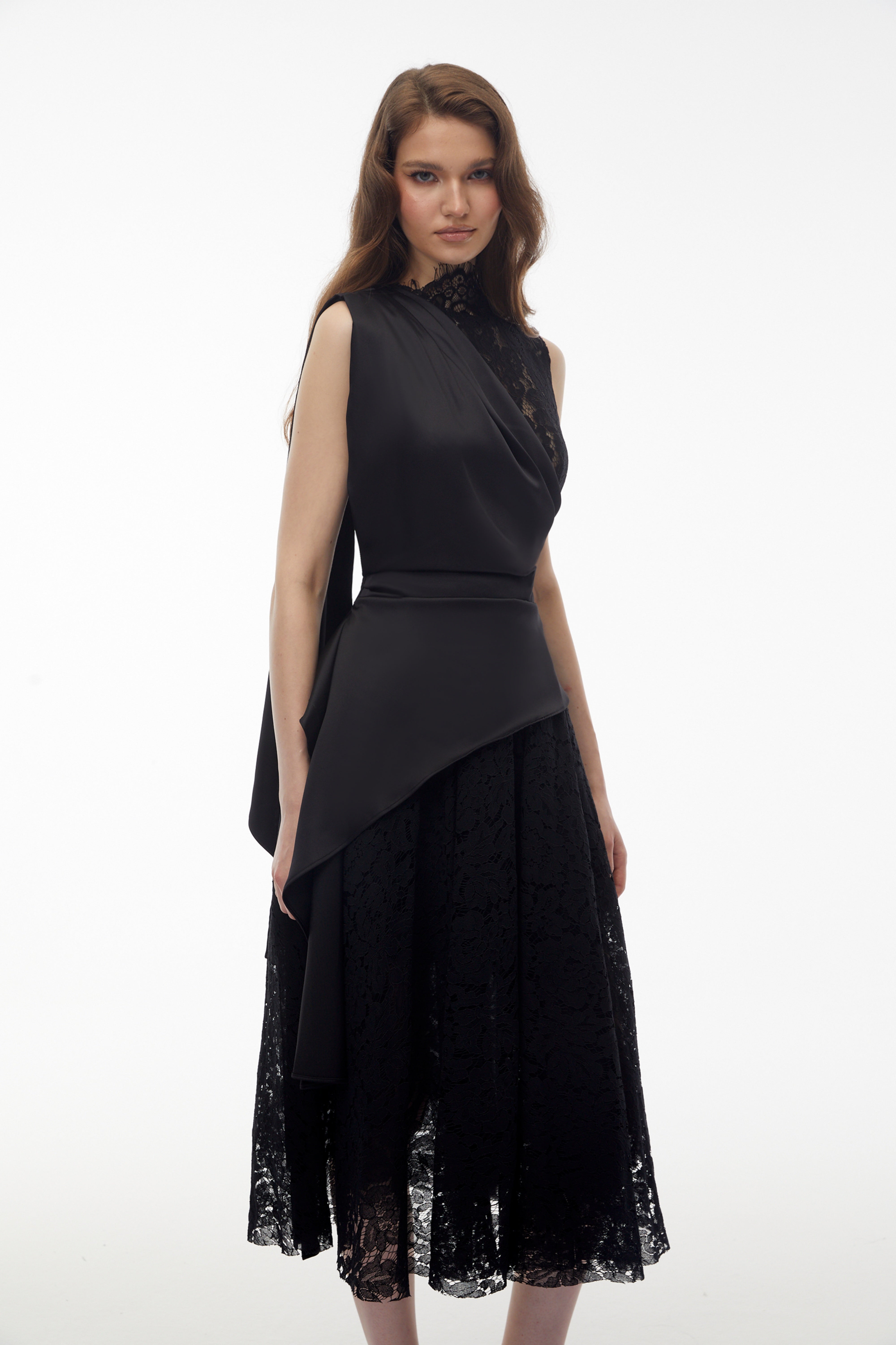 Bastet Black Floral Lace Pleated Maxi Dress