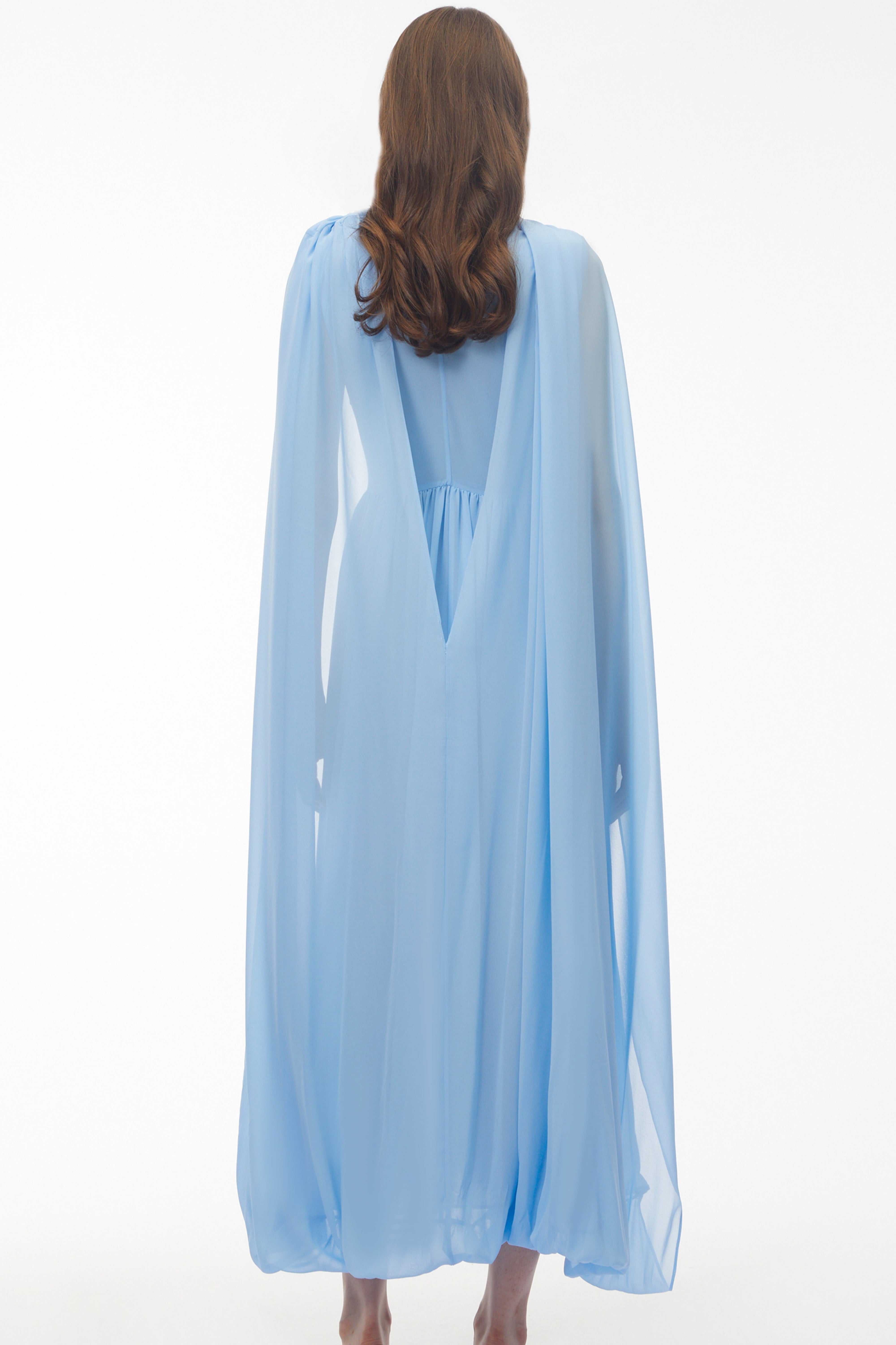 Beatrice Blue Ruched Midi Dress with Oversized Cape