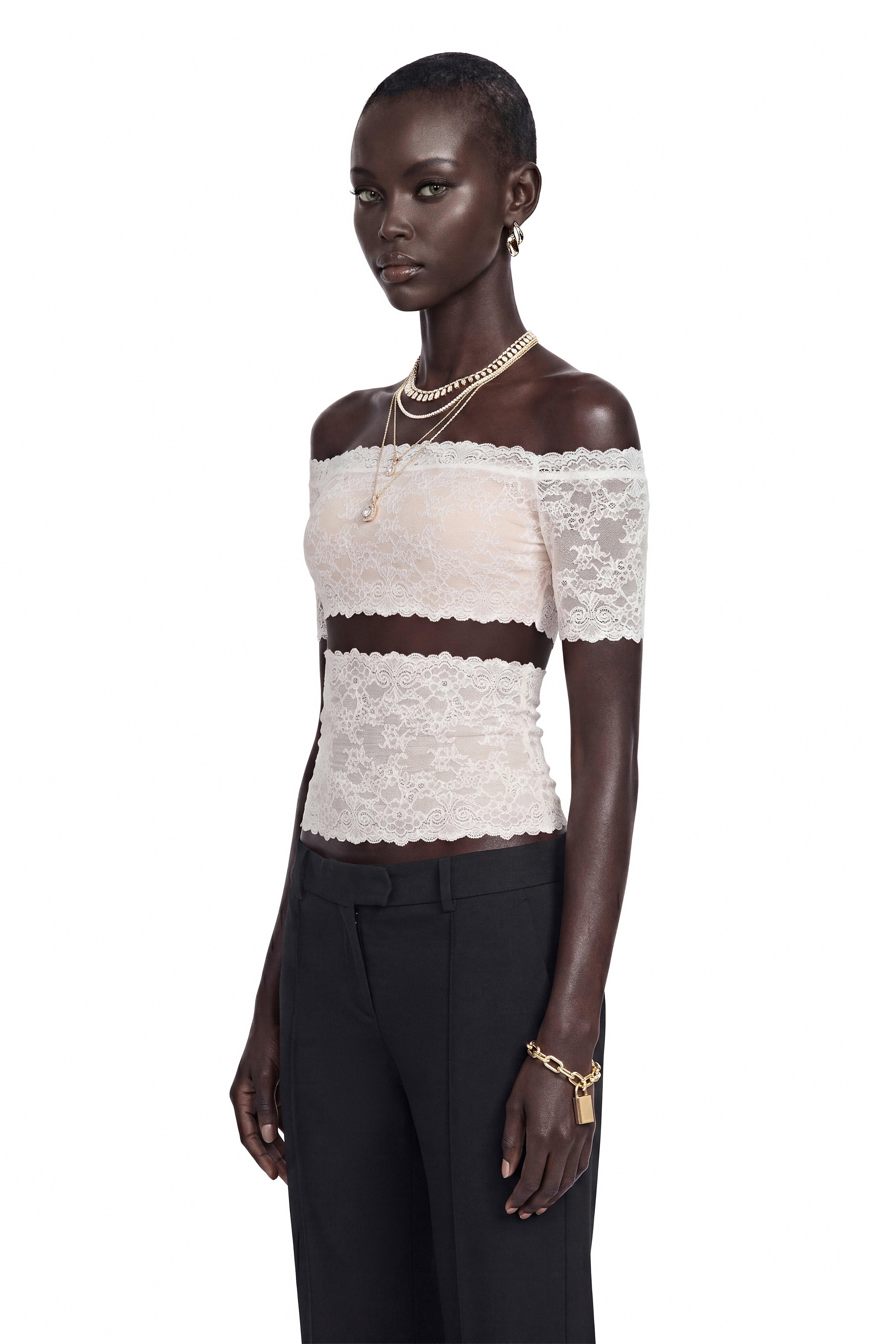 Blair White Lace Off-Shoulder Neckline Short Sleeve Top
