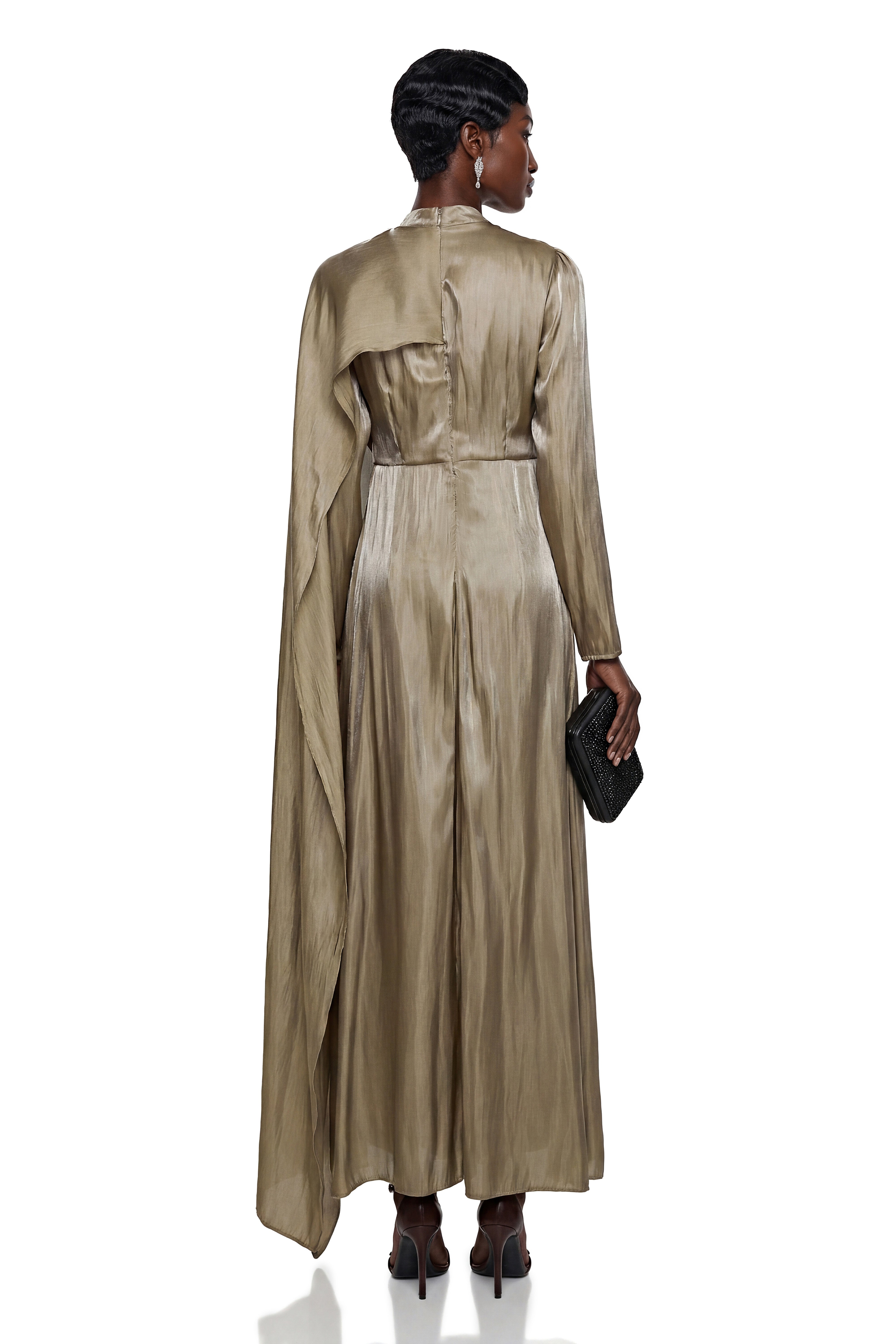 Berenike Gold Glossy Maxi Dress with Cape