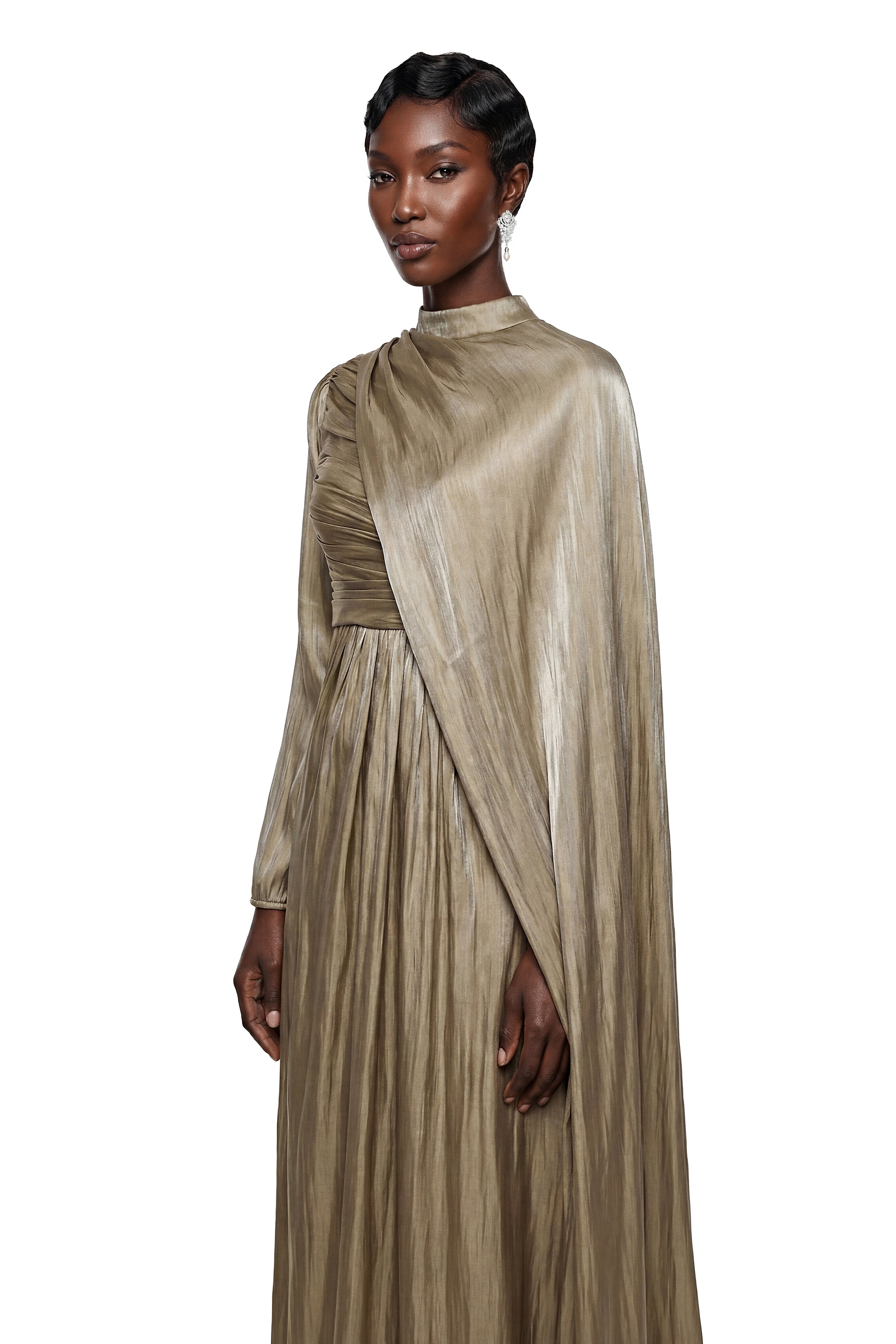 Berenike Gold Glossy Maxi Dress with Cape