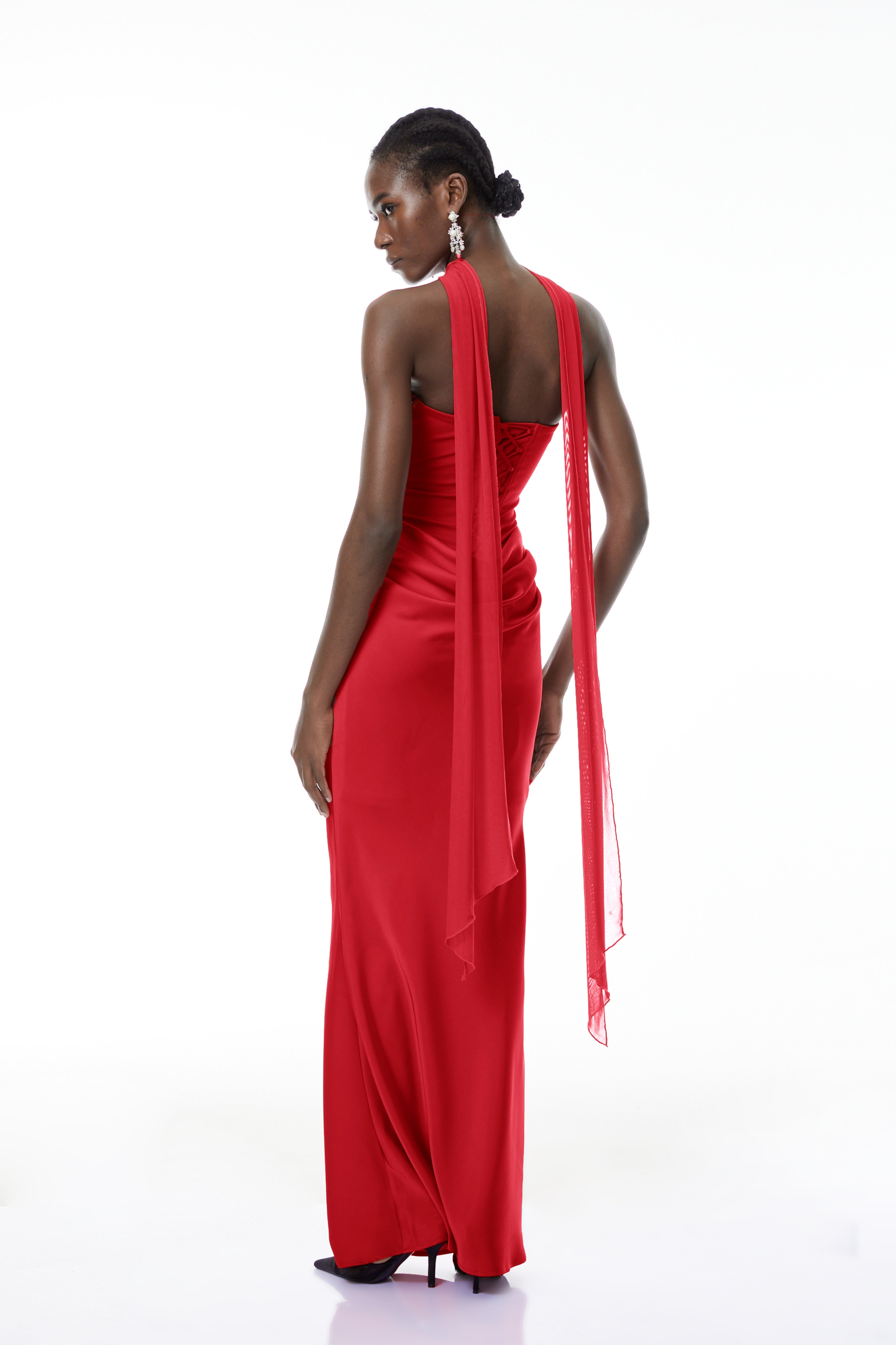 Berit Red Scarf Off Shoulder Ruched Maxi Dress (Final Sale-US Only)