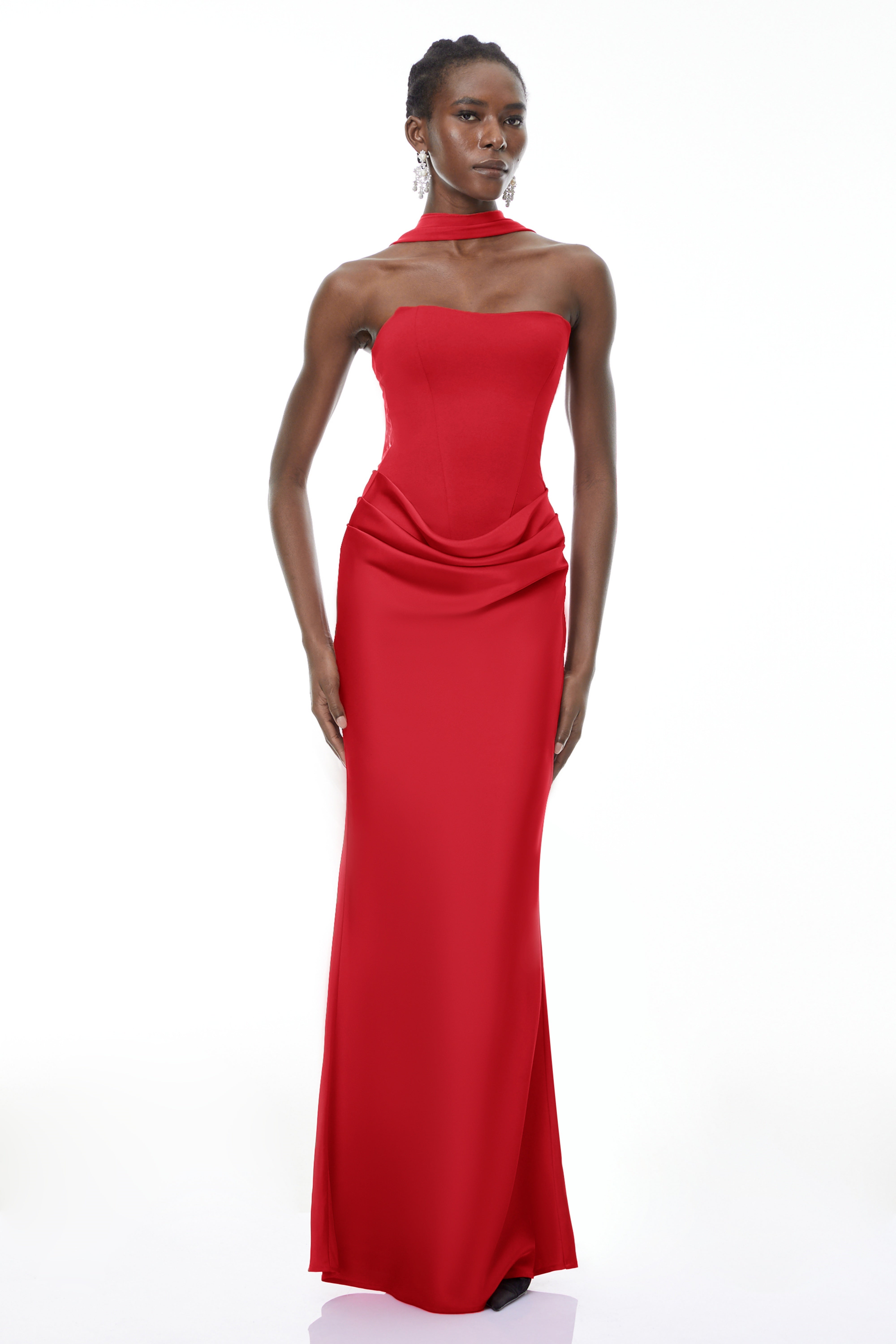Berit Red Scarf Off Shoulder Ruched Maxi Dress (Final Sale-US Only)
