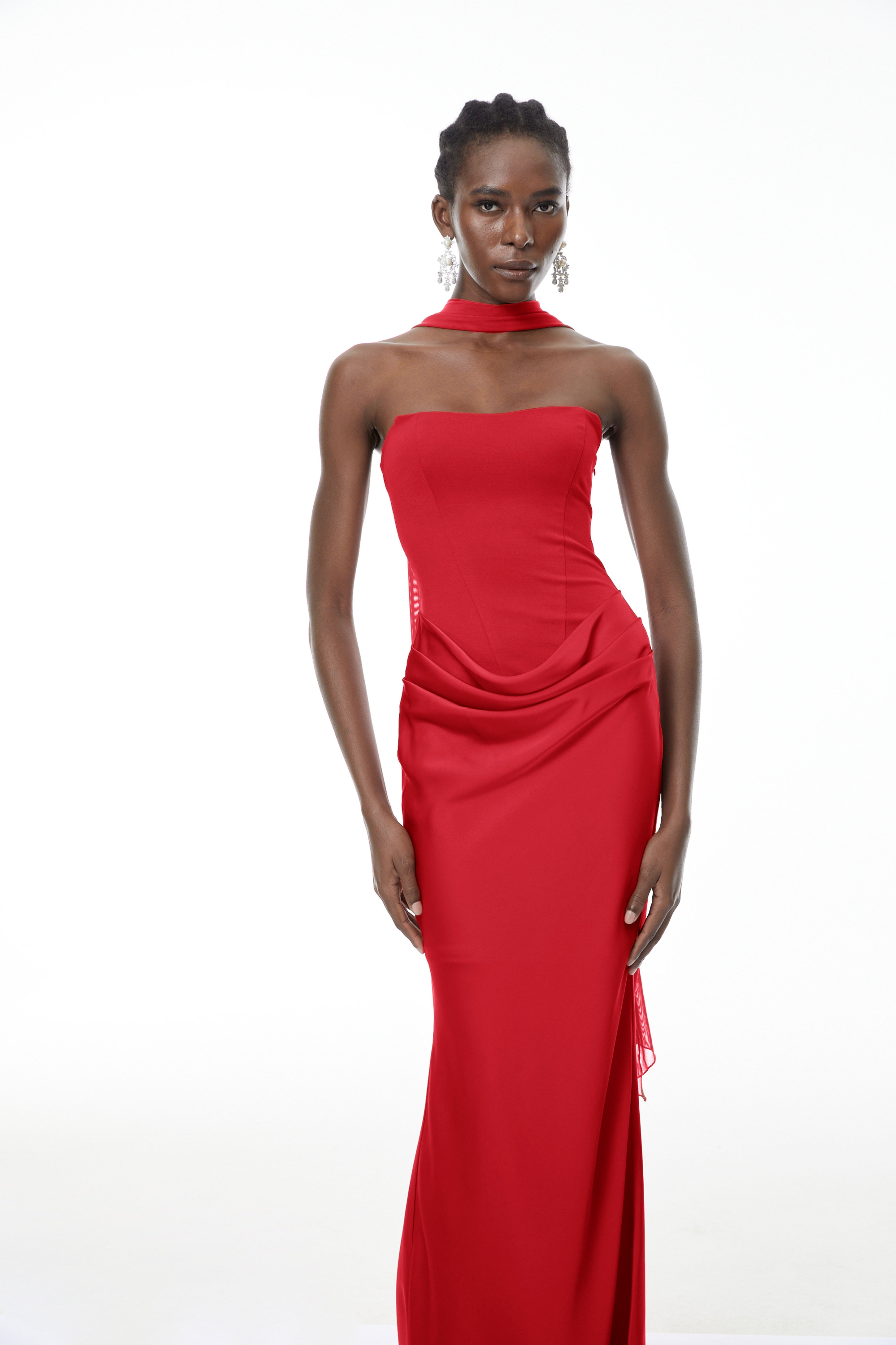 Berit Red Scarf Off Shoulder Ruched Maxi Dress (Final Sale-US Only)
