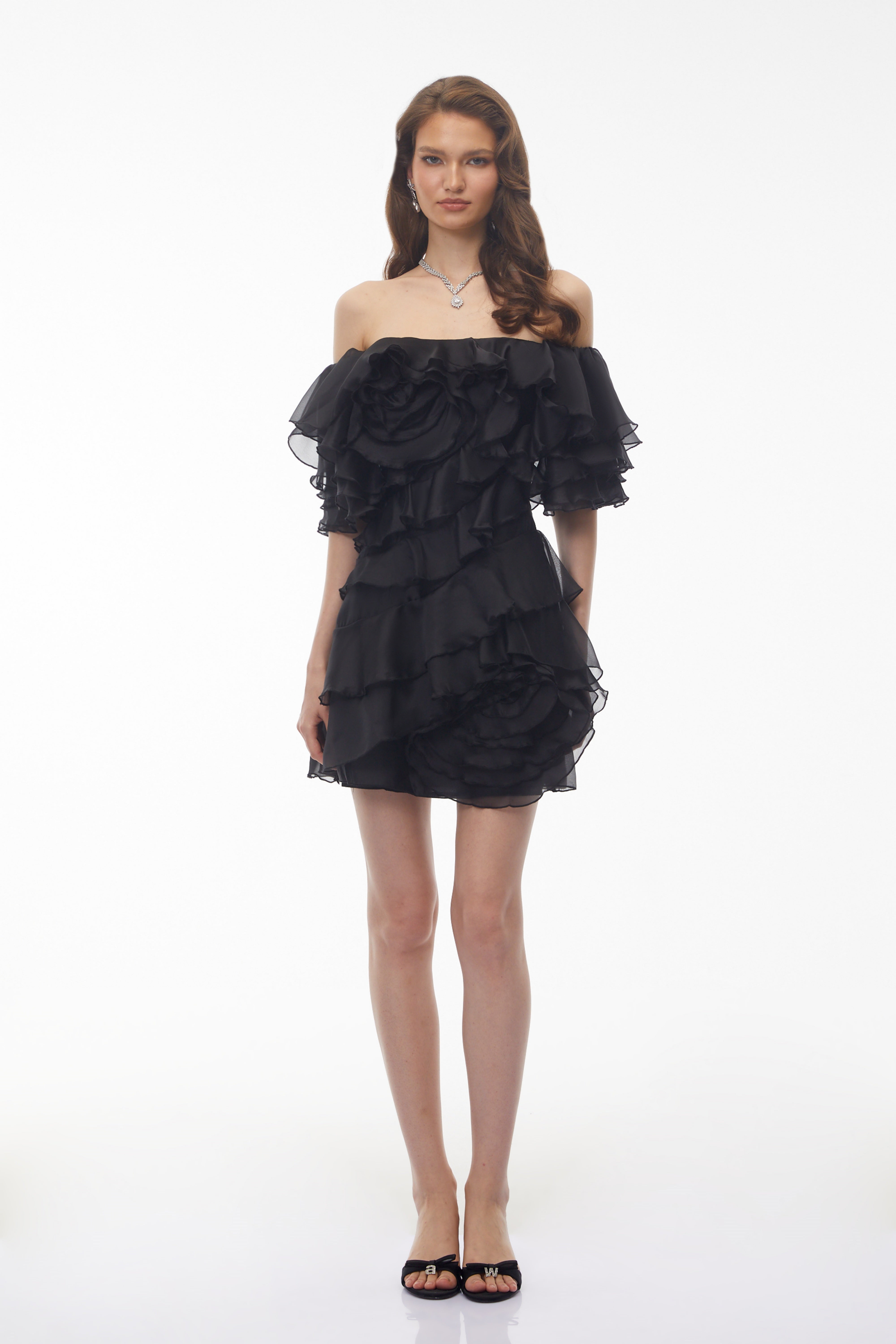 Cerise Asymmetrical Flounce Mini Dress in Black