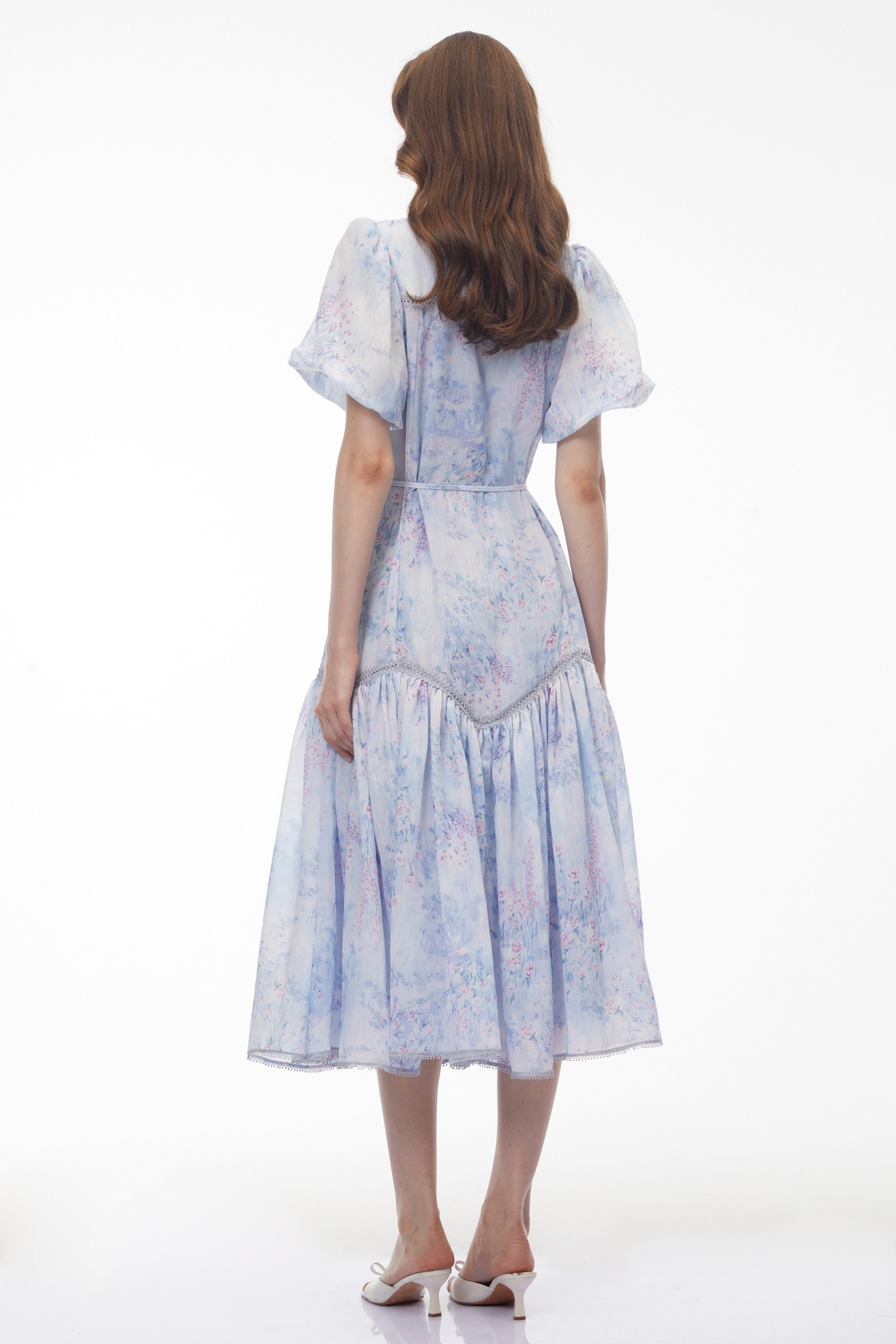 Beryl Blue Floral Print Ruched Midi Dress