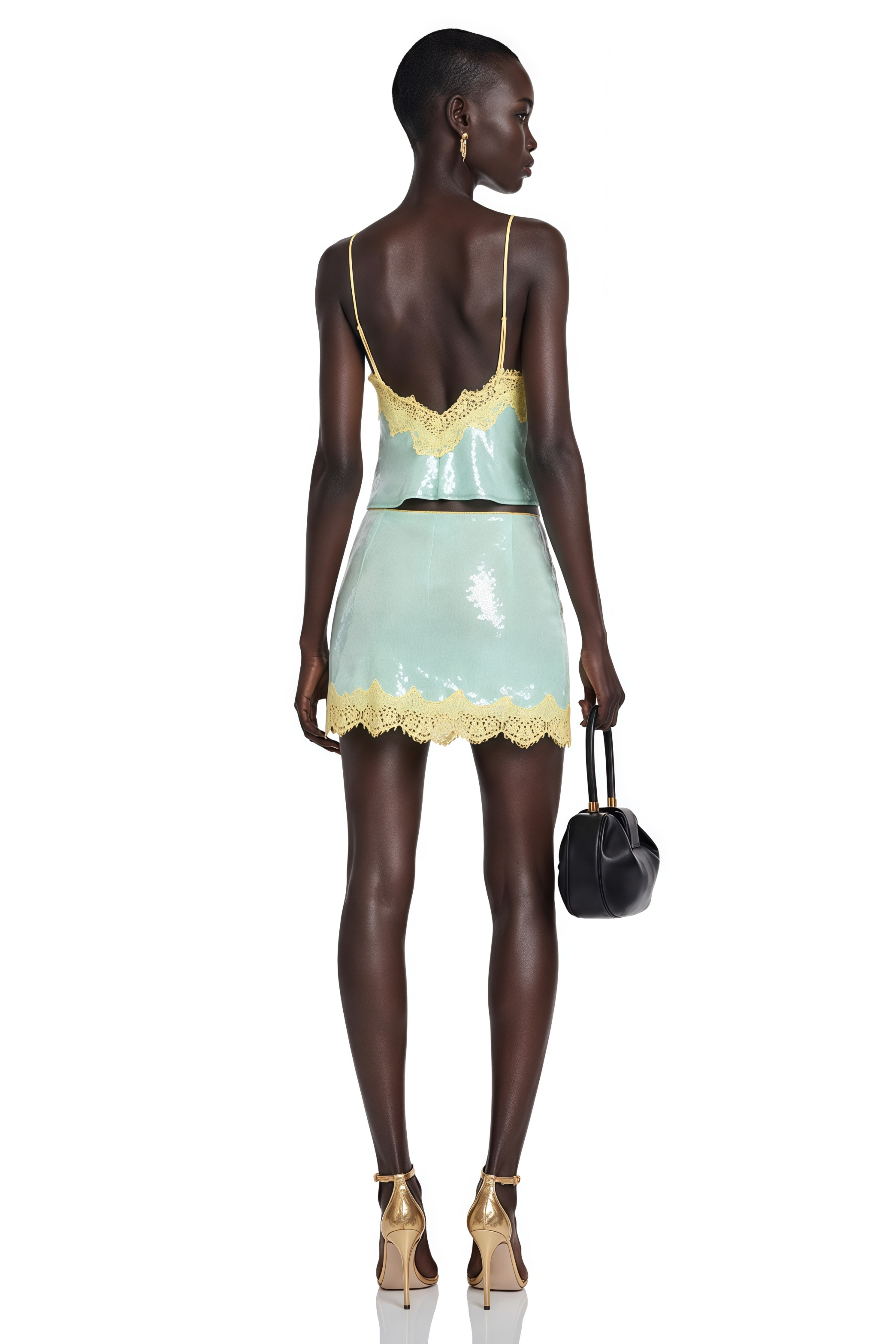 Beryl Green Sequin Top & Slit Skirt Set with Lace