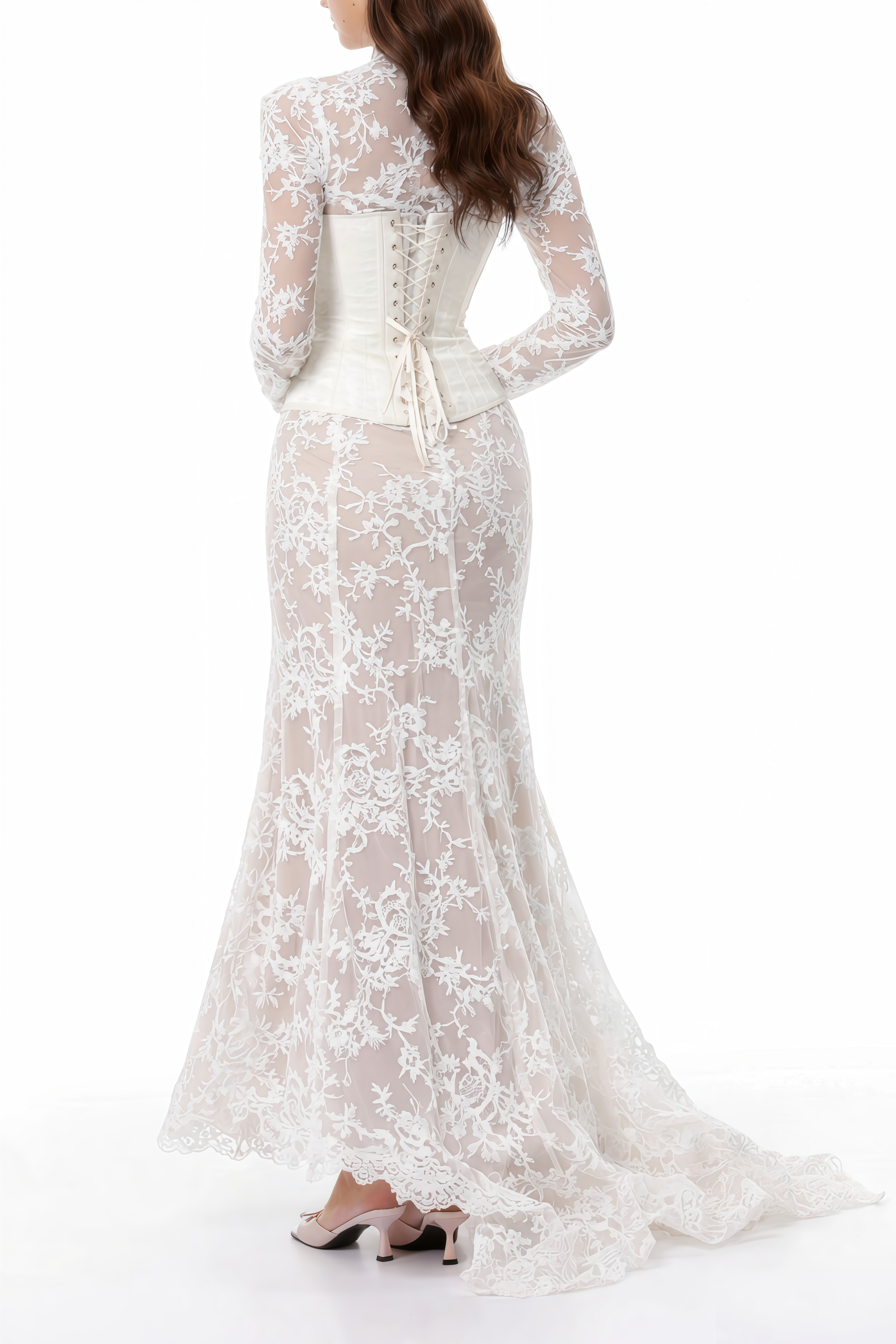 Bethany White Asymmetrical Lace Maxi Dress