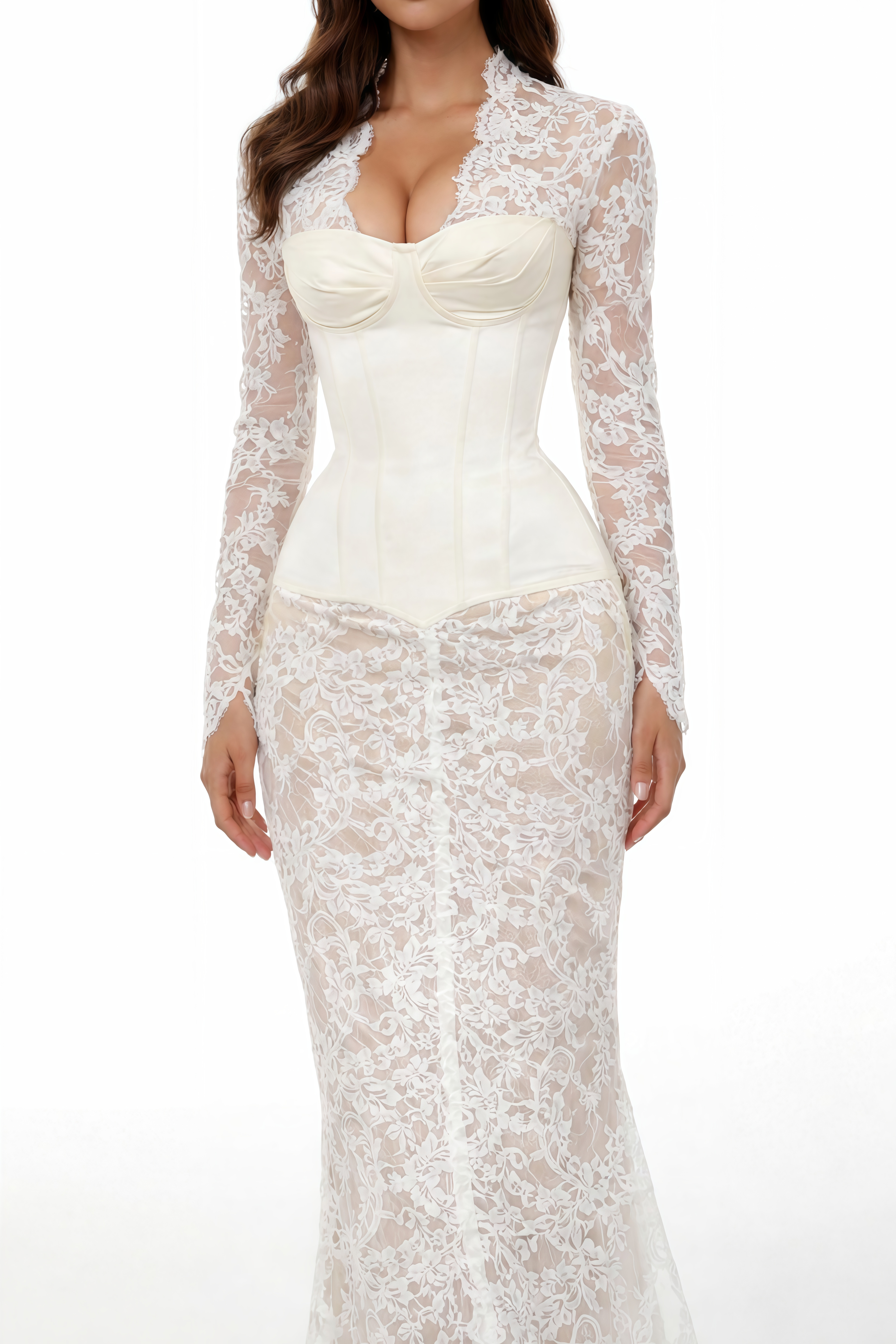 Bethany White Asymmetrical Lace Maxi Dress