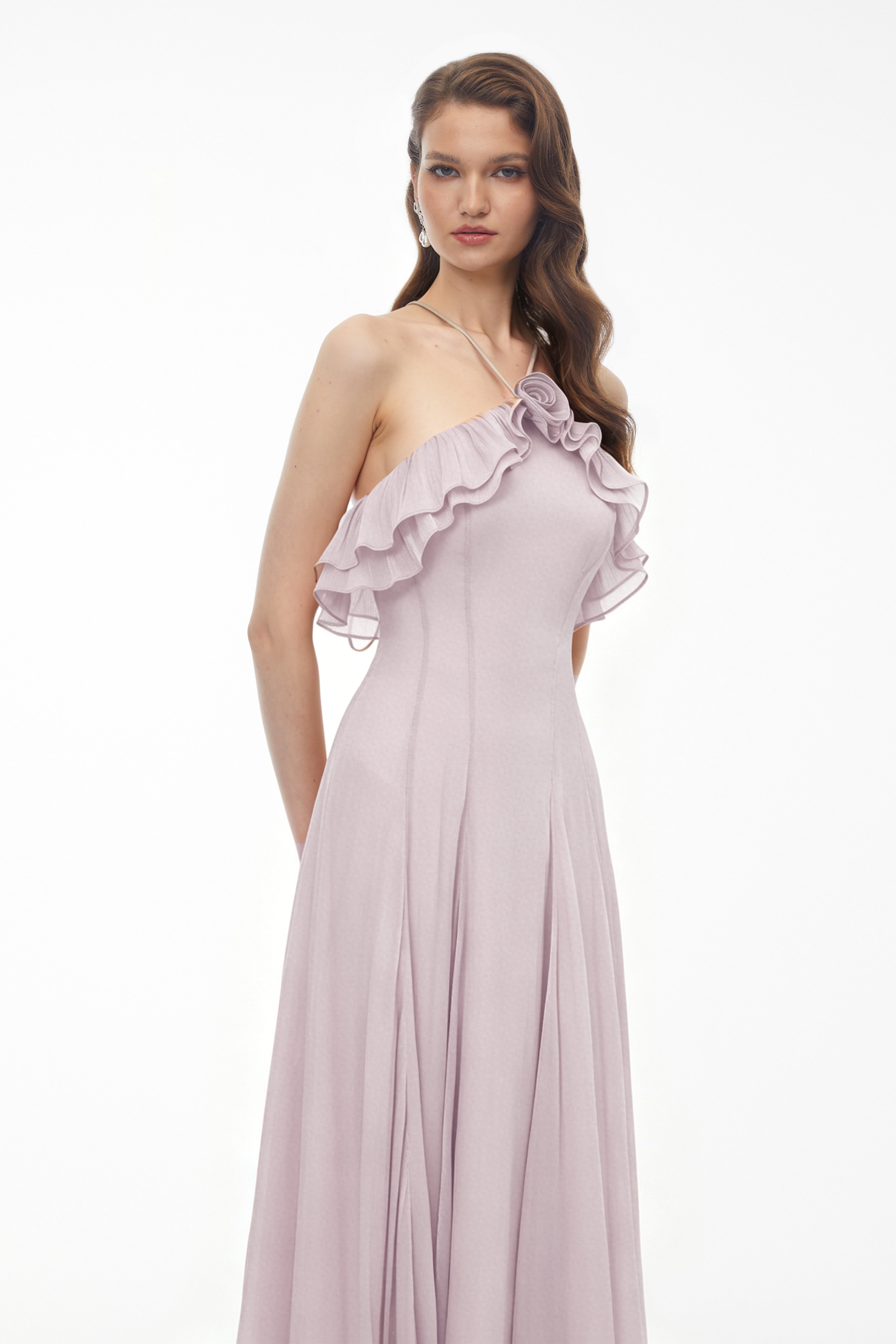 Bianka Purple Pleated Maxi Dress with 3D Florals