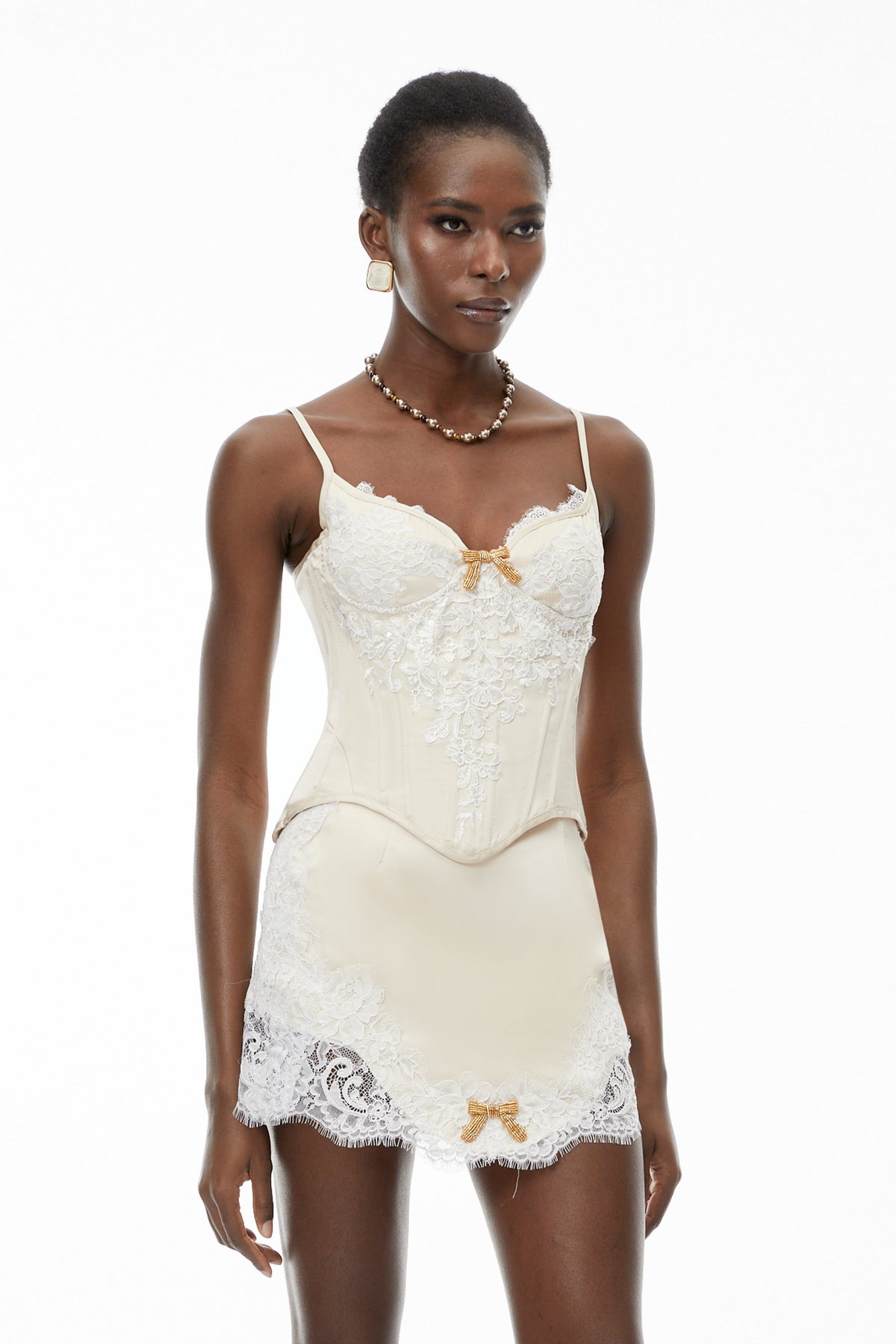 blanca champagne lace panel top & skirt set
