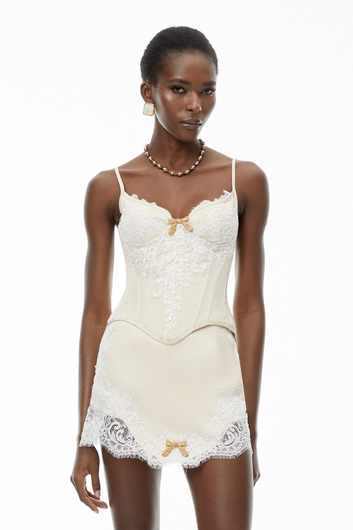 blanca champagne lace panel top & skirt set