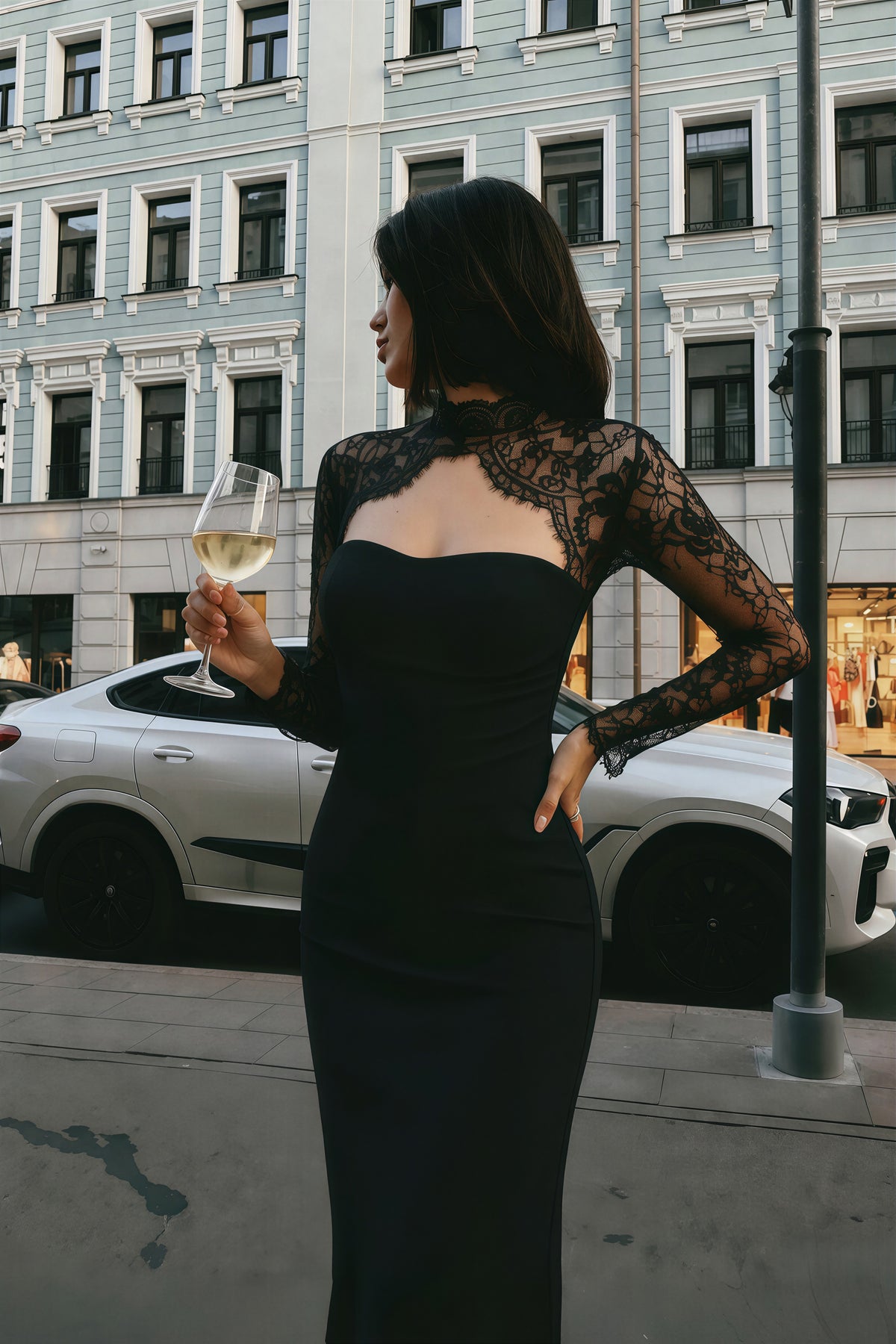 bokamoso black lace panel maxi gown