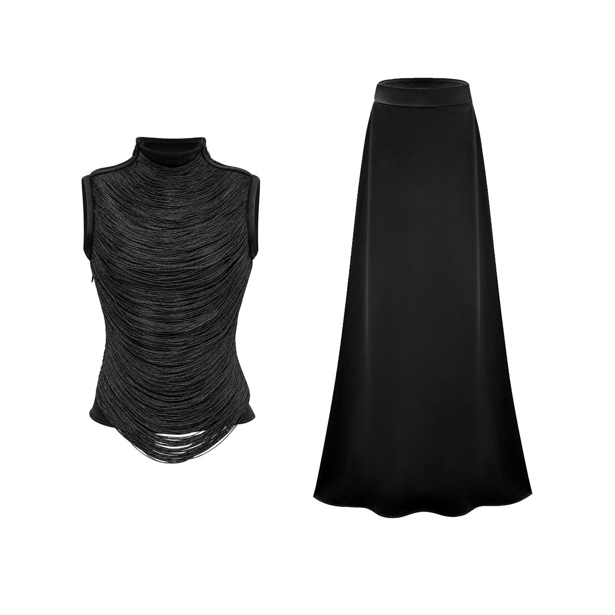 borbála black fringed top & satin skirt set