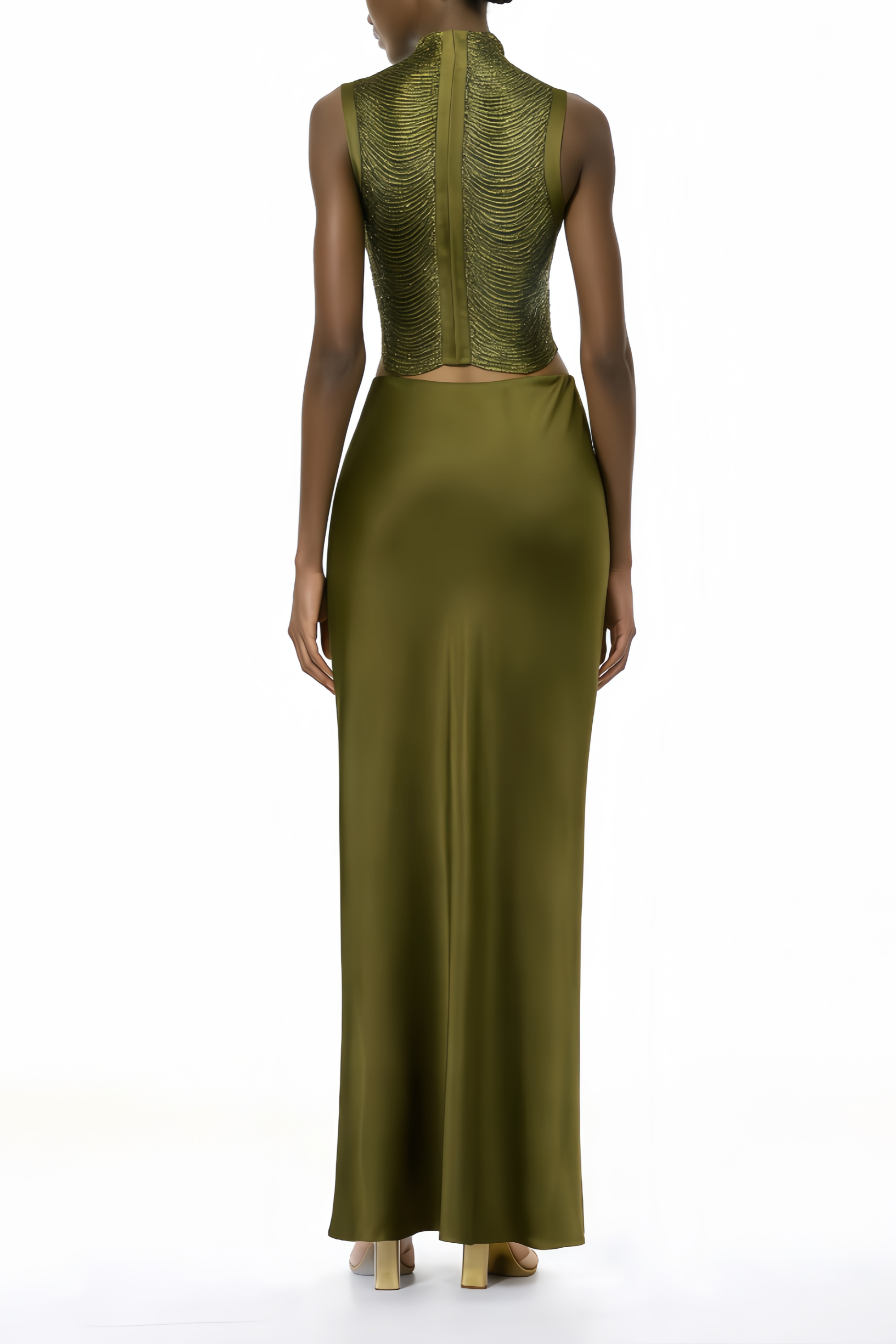 Borbála Green Fringed Top & Satin Skirt Set