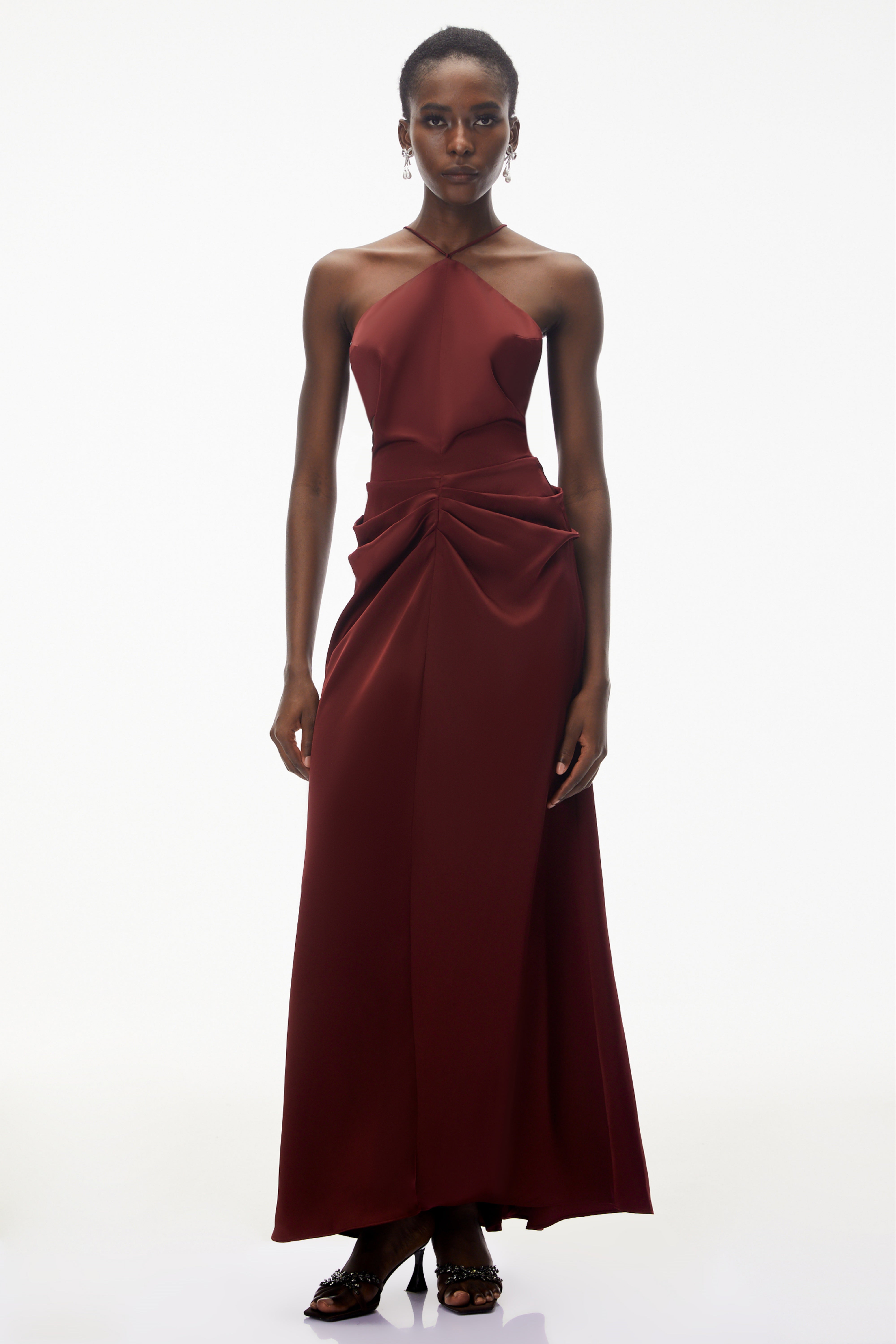 Bozhena Red Halterneck Ruched Maxi Dress