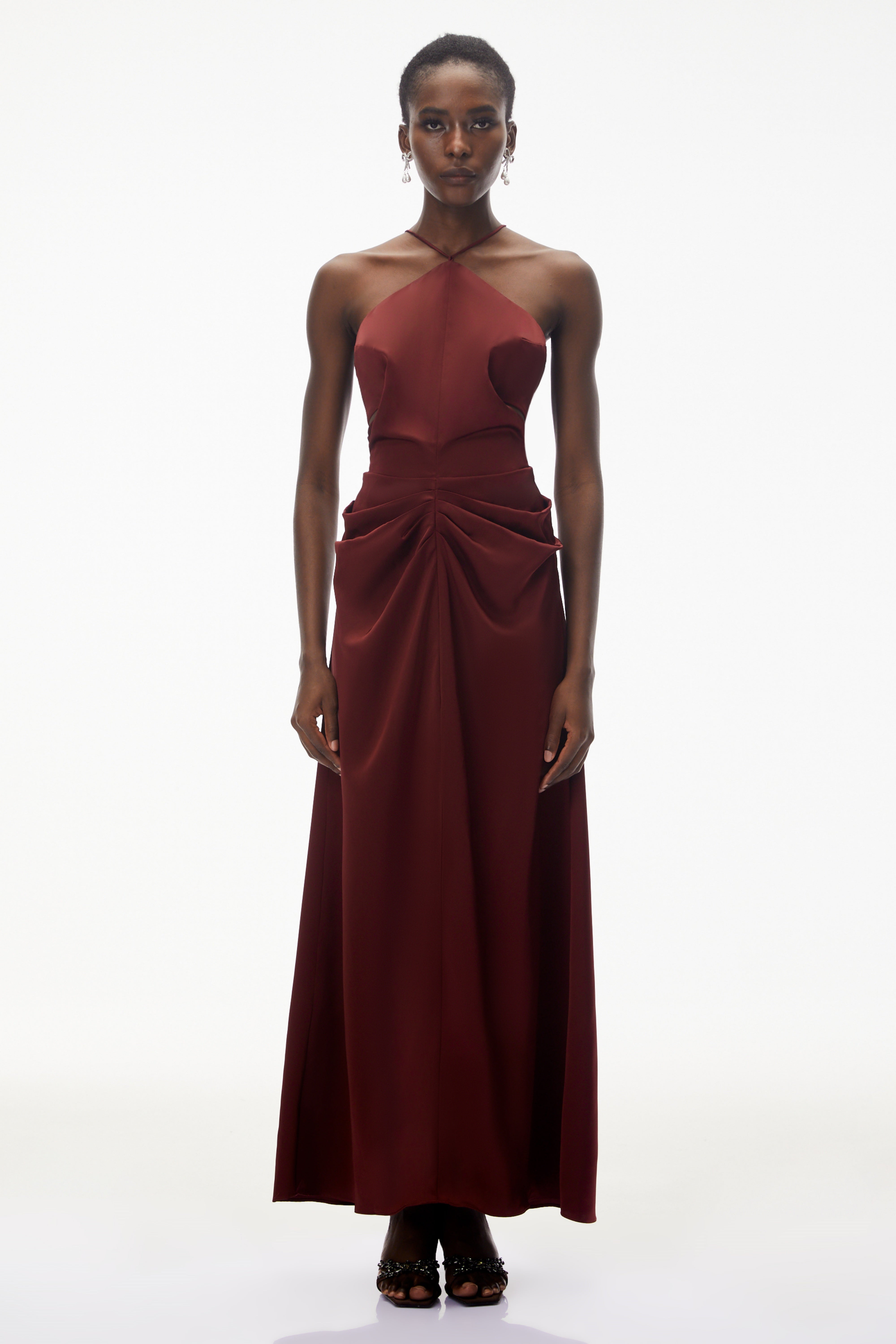 Bozhena Red Halterneck Ruched Maxi Dress