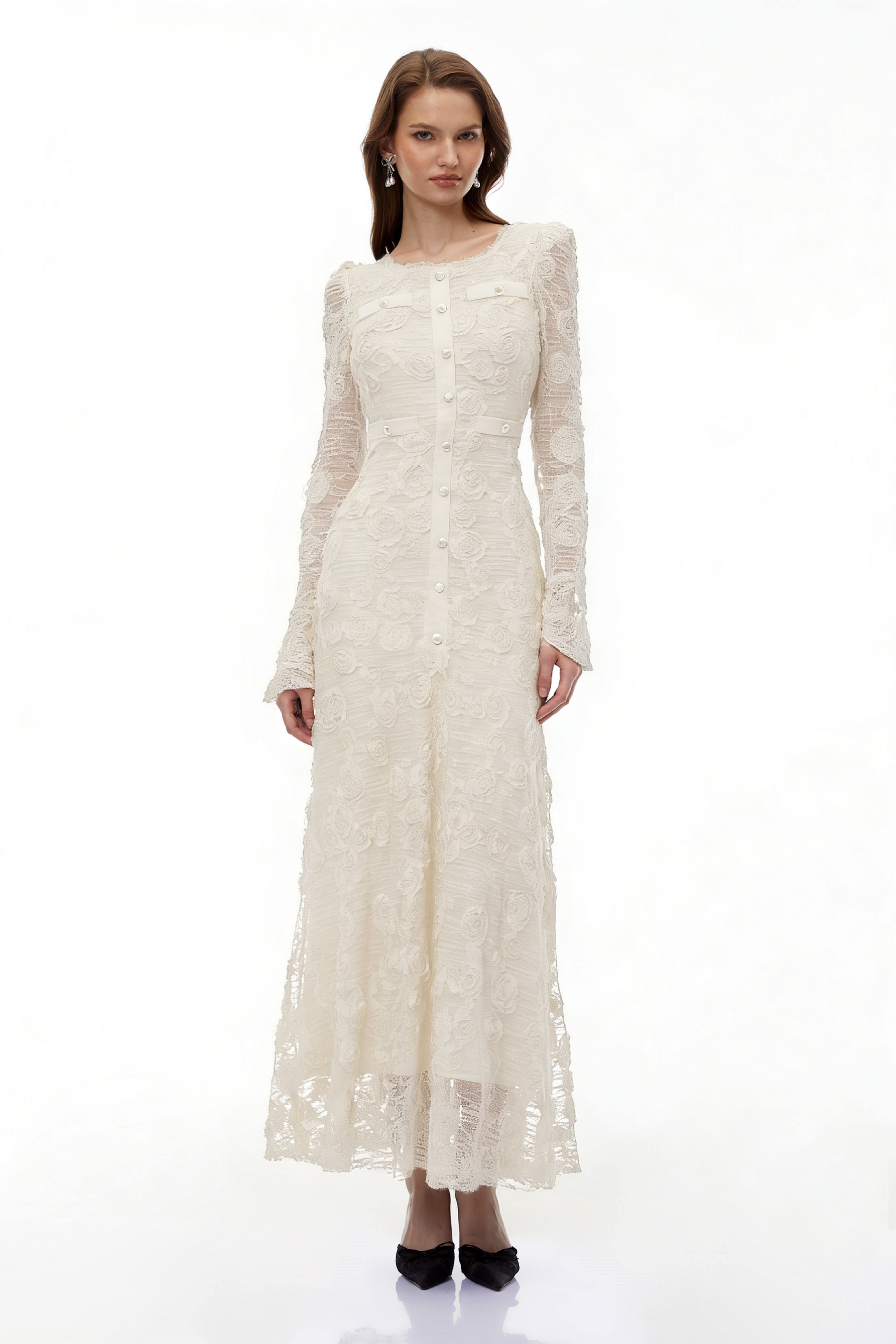 Branwen Neutral 3D-Floral Embroidered Lace Maxi Dress