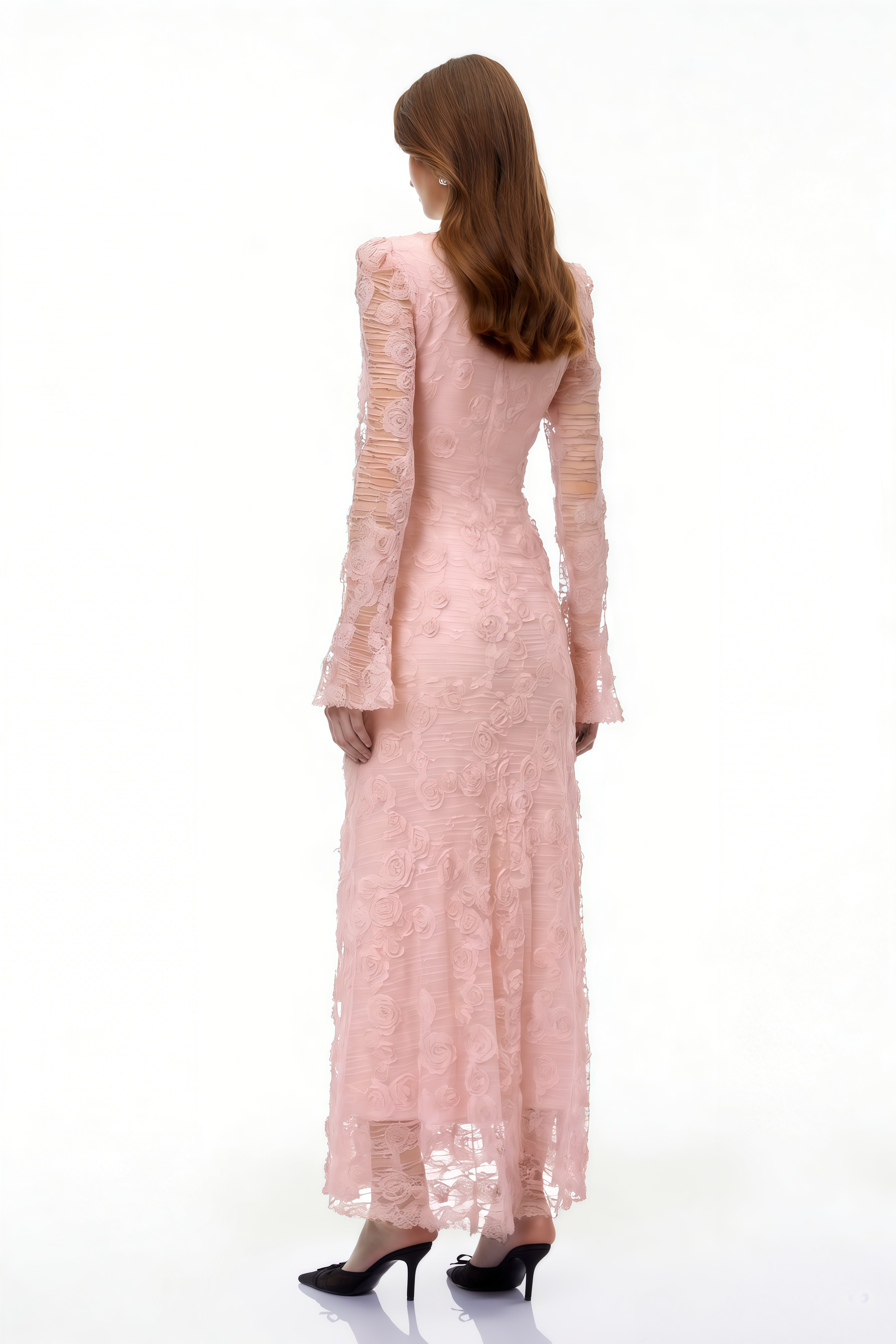 Branwen Pink 3D-Floral Embroidered Lace Maxi Dress