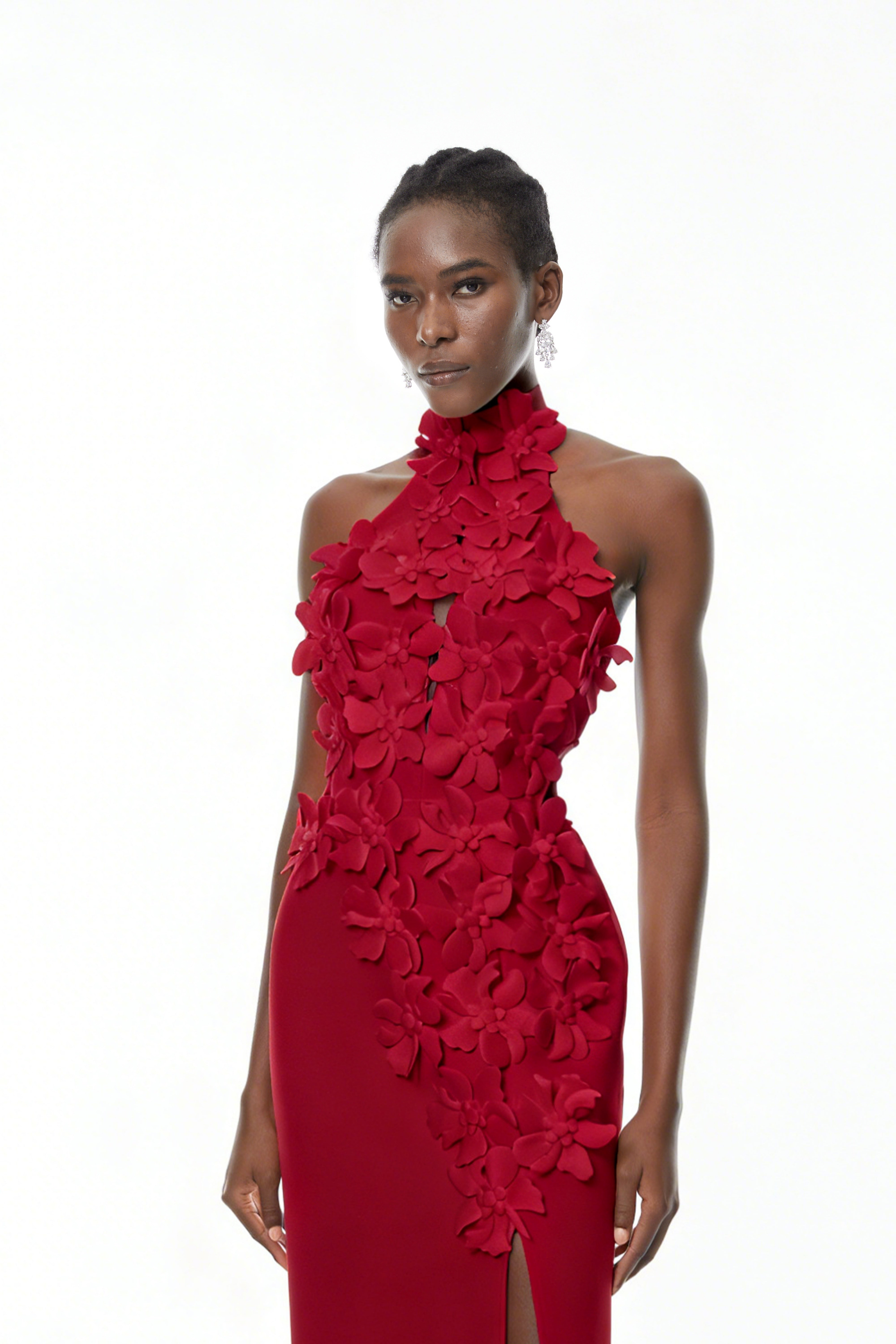 Brian Red Halterneck 3D Petal Maxi Dress (Final Sale-US Only)