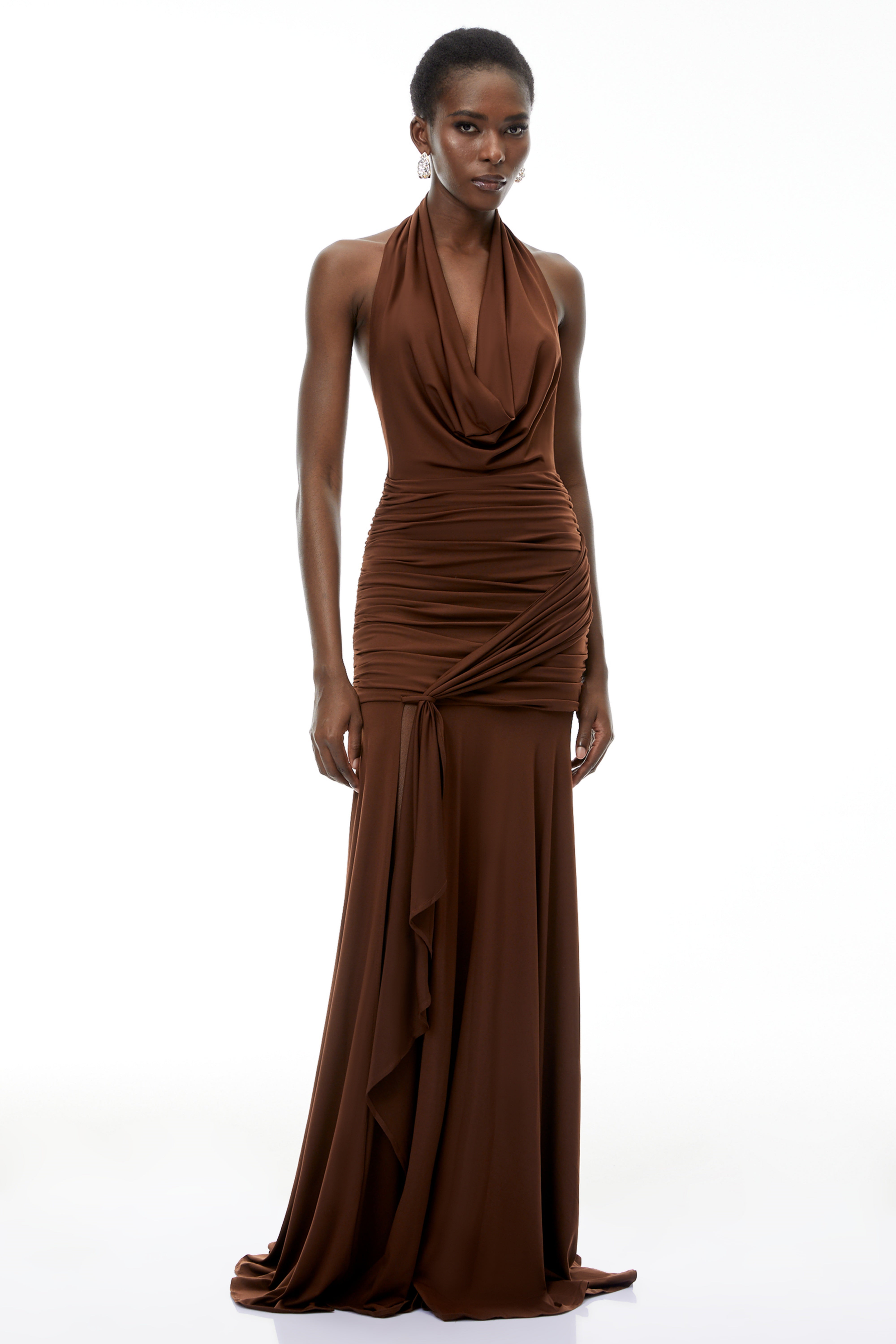 Brianna Chocolate Brown Halterneck Ruched Maxi Dress