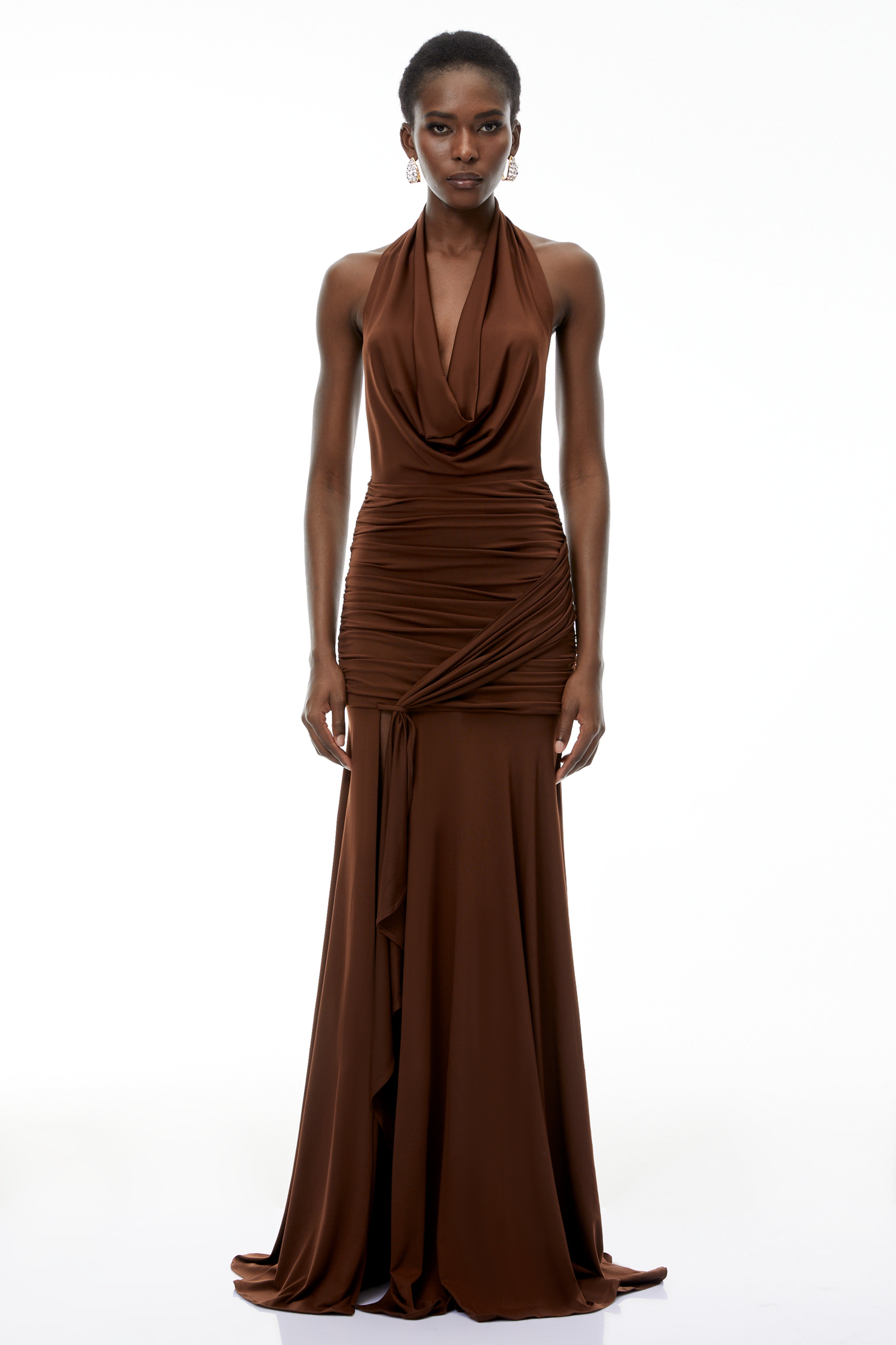 Brianna Chocolate Brown Halterneck Ruched Maxi Dress