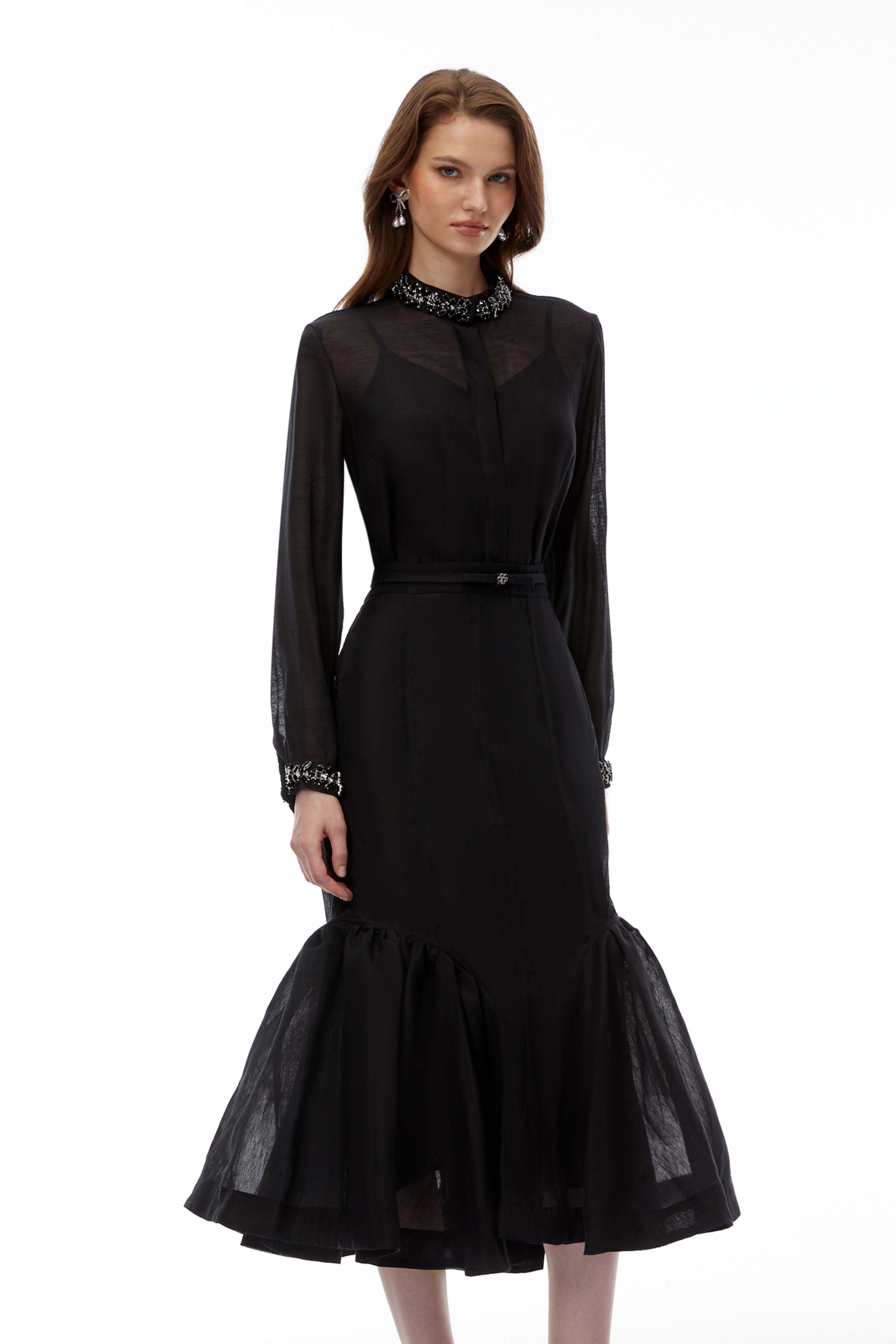 Briseis Black Chiffon Draped Blouse & Mermaid Skirt Set