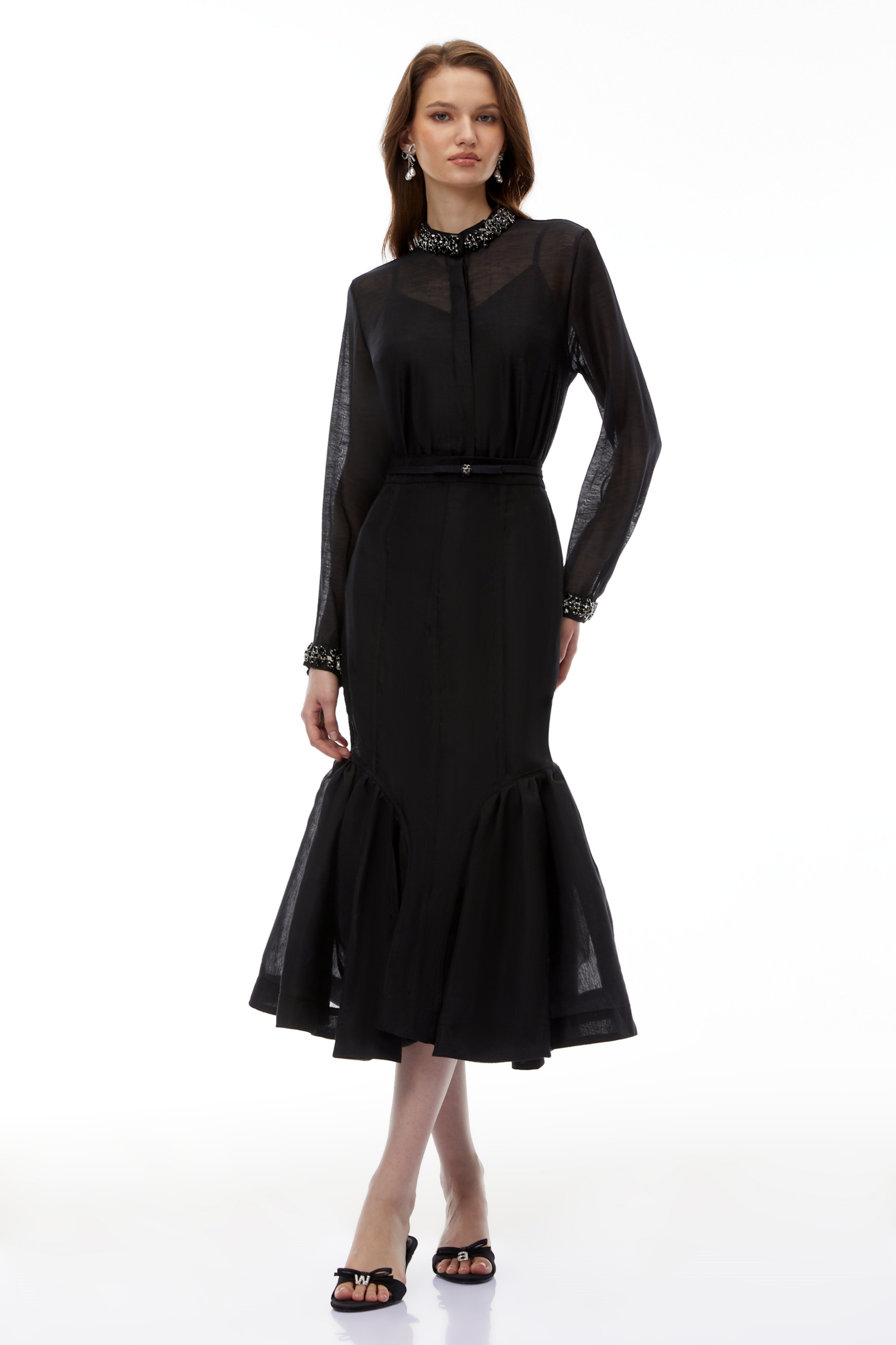 Briseis Black Chiffon Draped Blouse & Mermaid Skirt Set