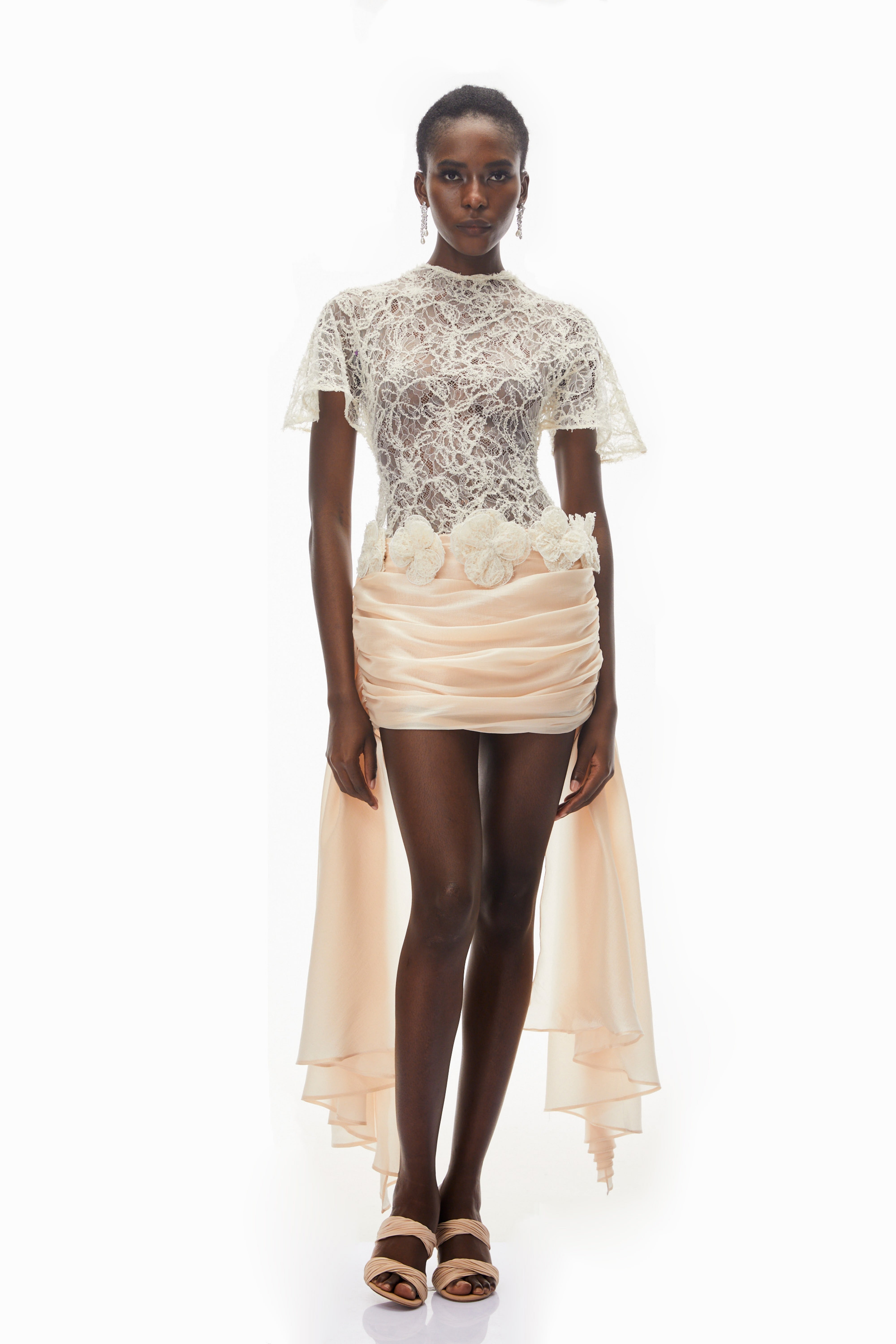 Briseis Neutral Satin Mini Dress with Floral Lace (Final Sale)