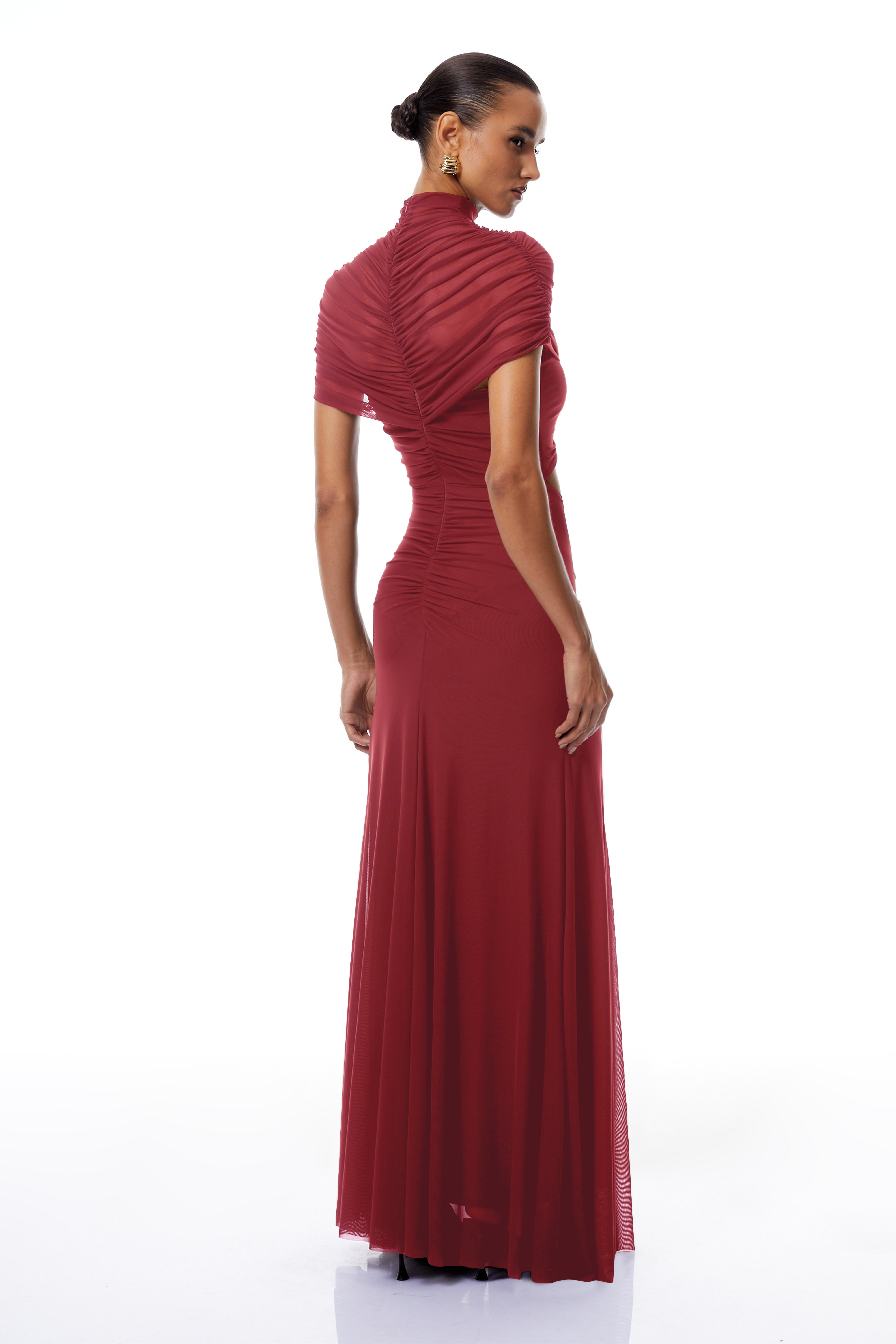 Bruna Red Cut-Out Ruched Mesh Maxi Dress