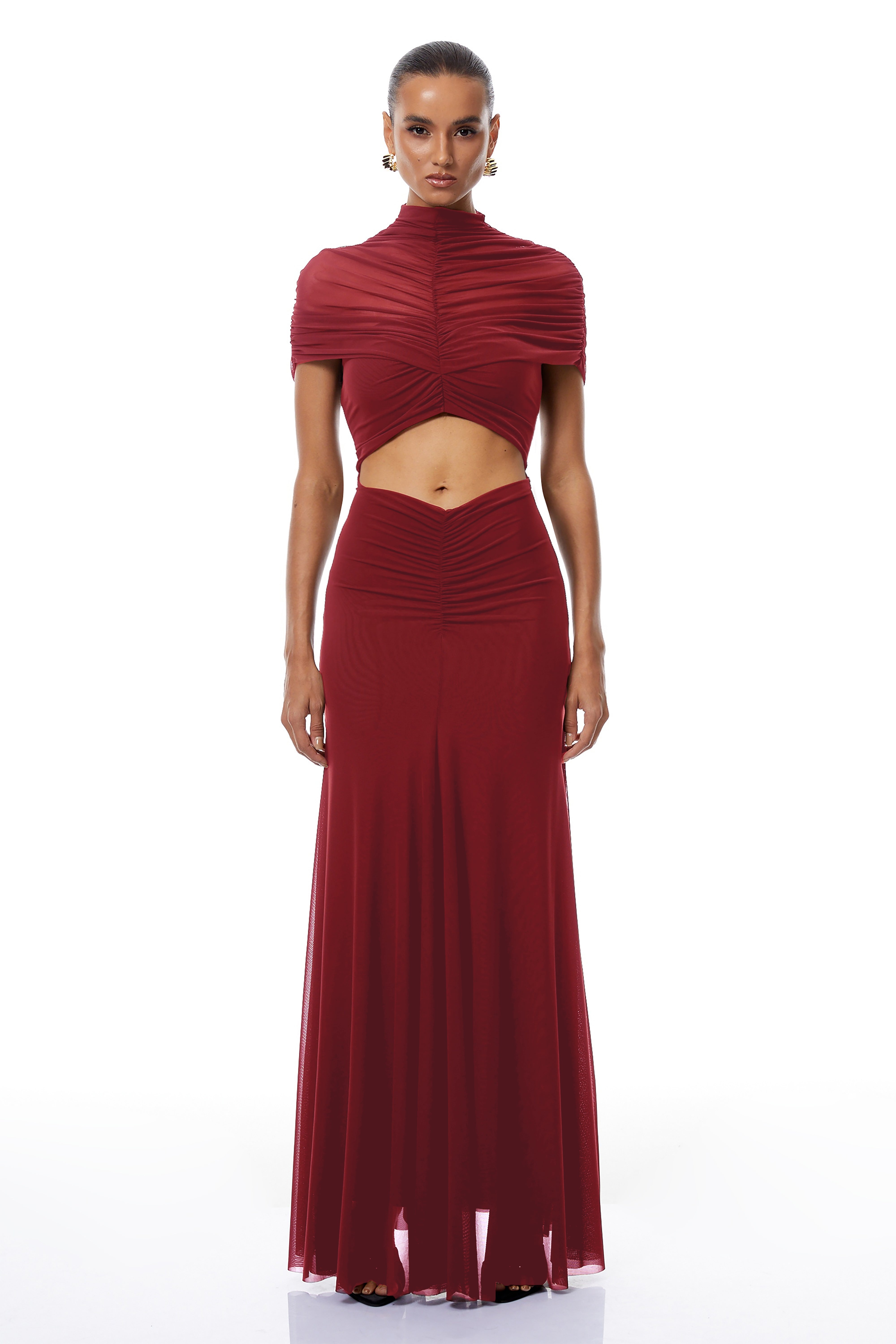 Bruna Red Cut-Out Ruched Mesh Maxi Dress