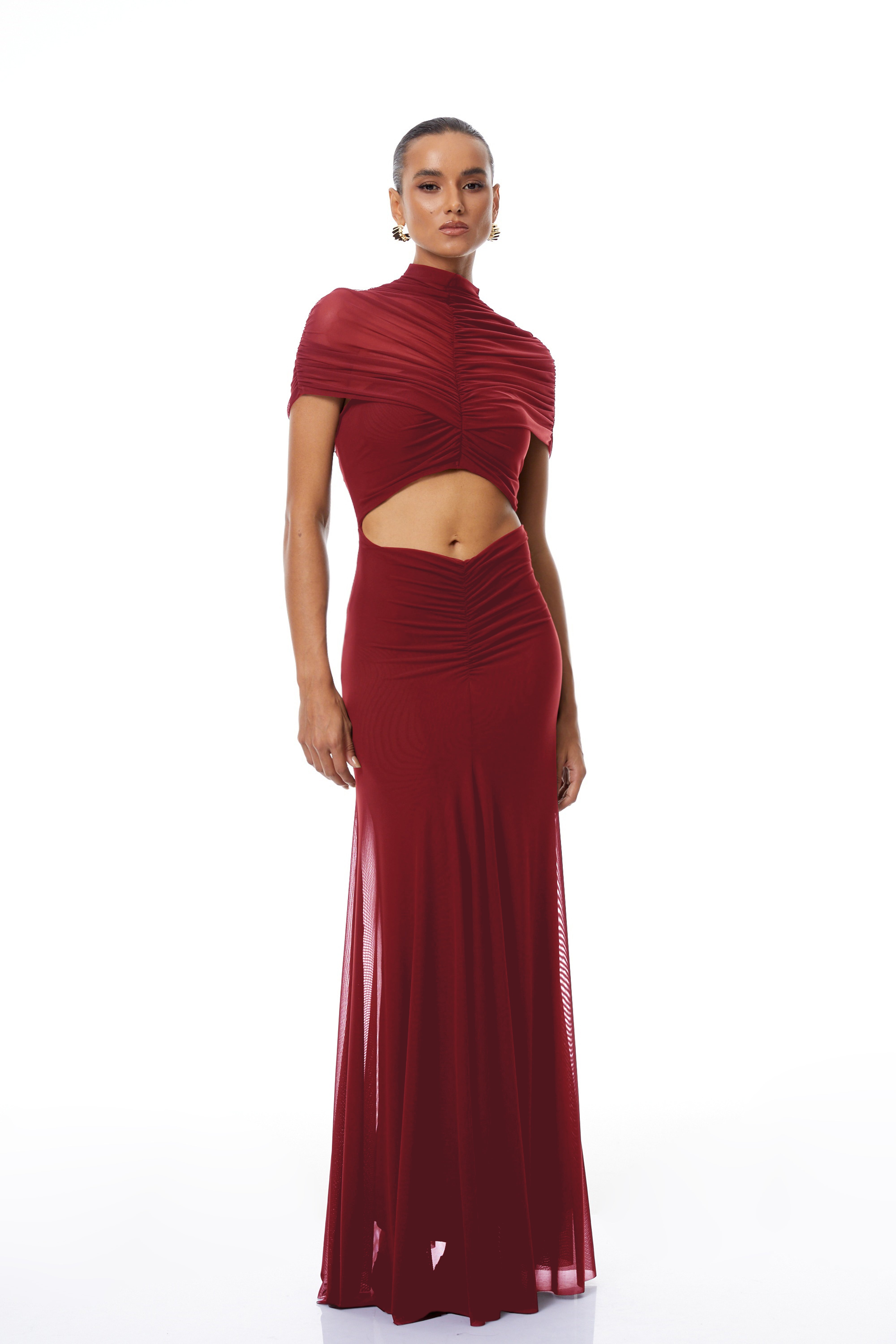Bruna Red Cut-Out Ruched Mesh Maxi Dress