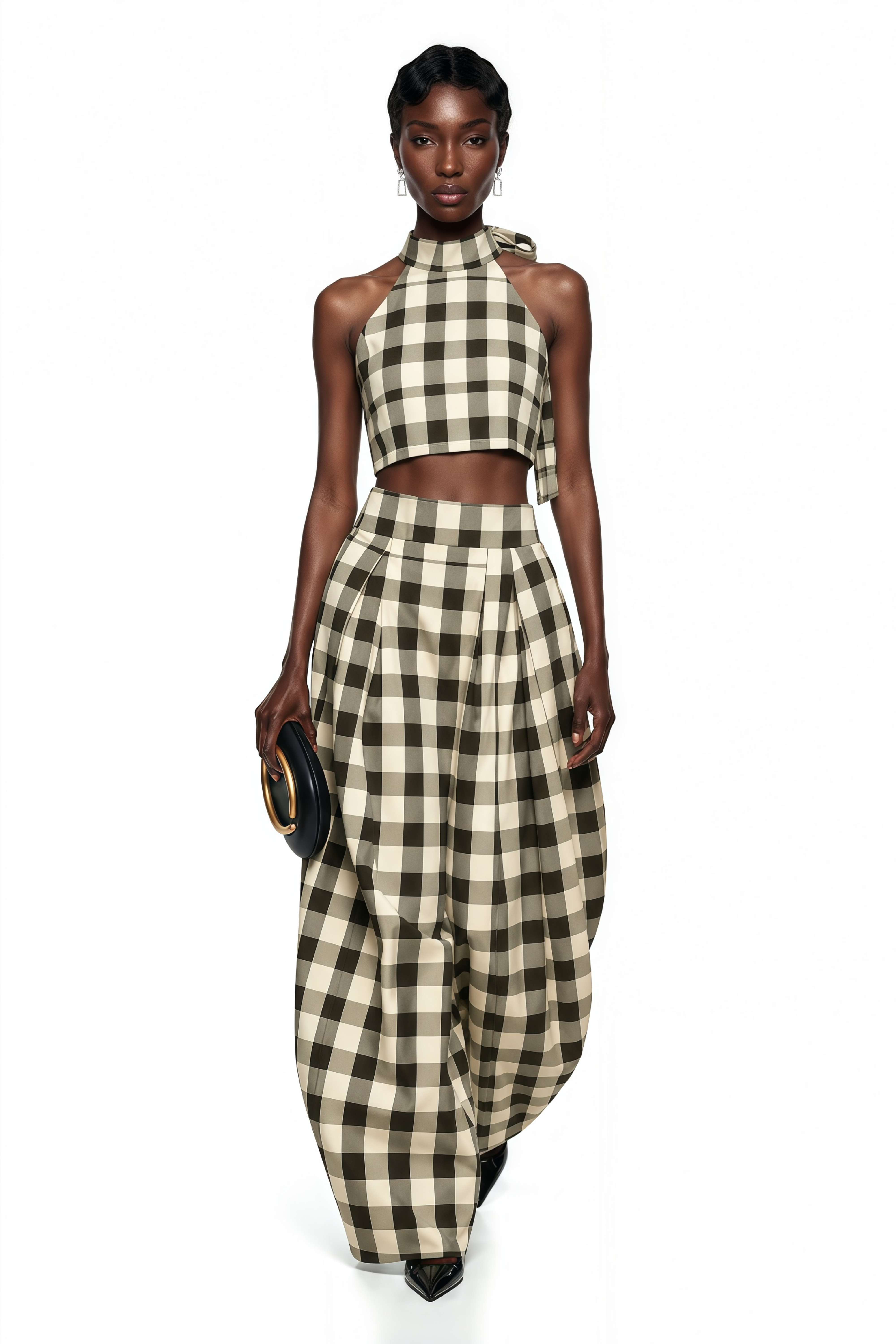 Buket Brown Plaid Top & Barrel Leg Trouser Set
