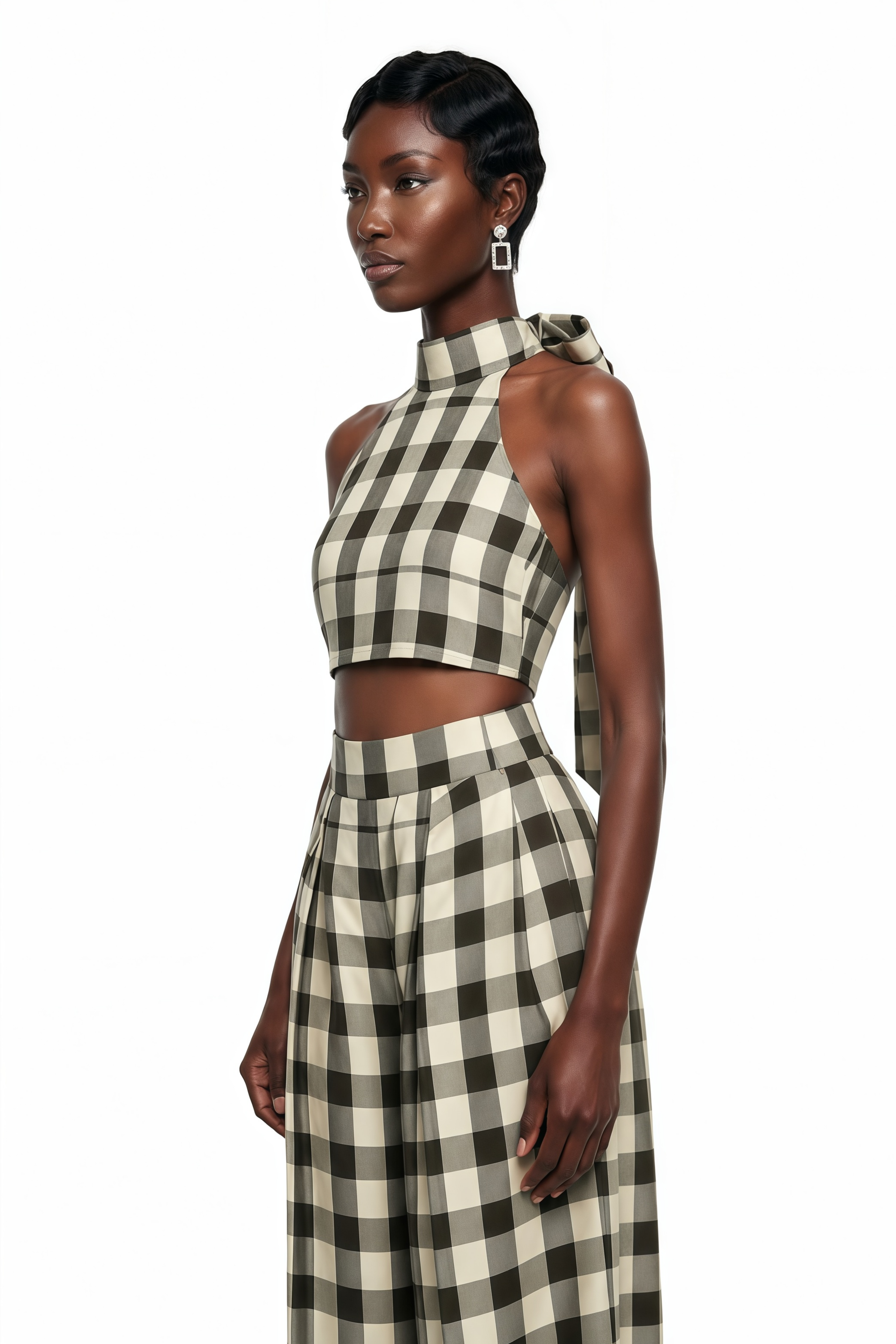 Buket Brown Plaid Top & Barrel Leg Trouser Set