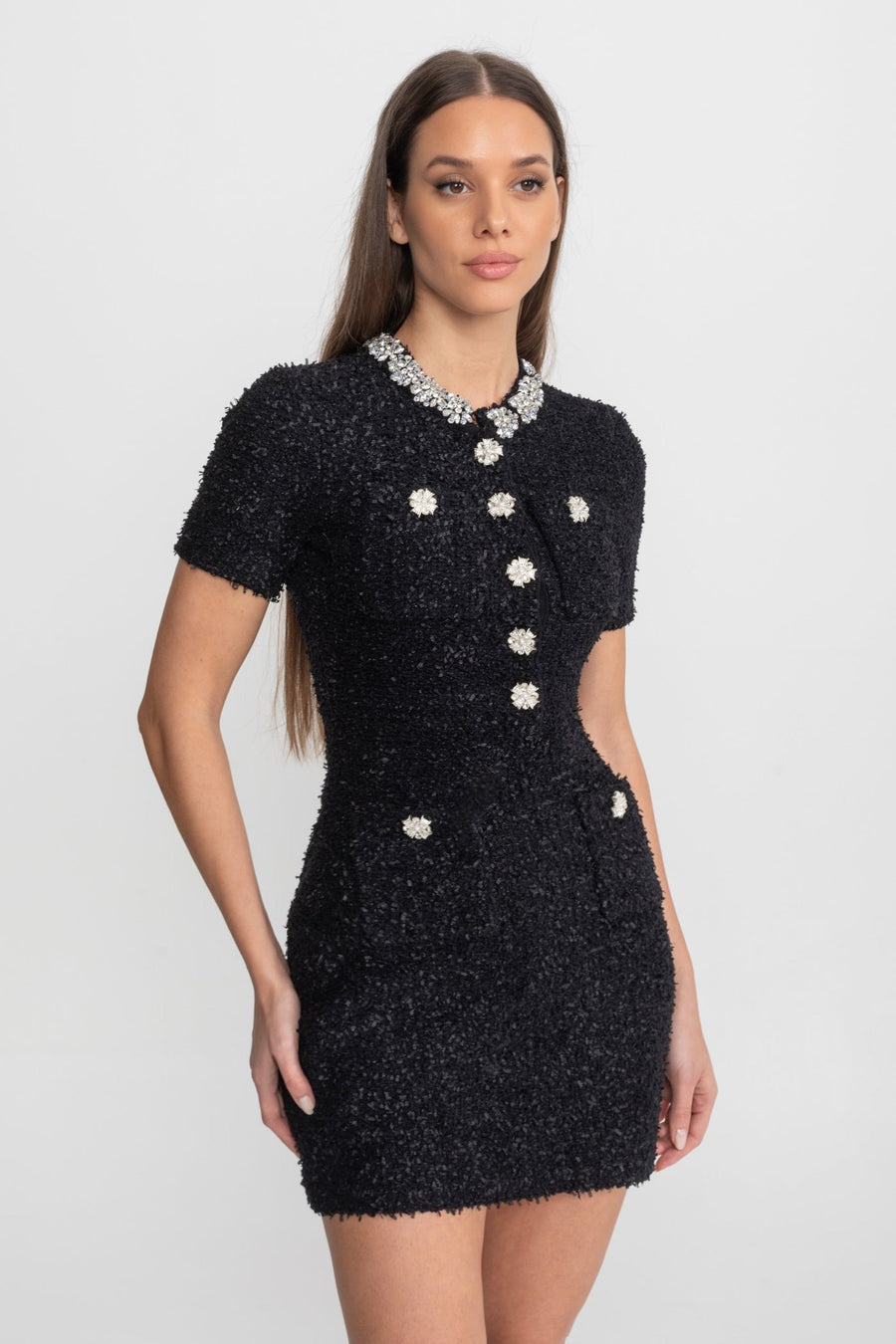 Claudette Black Embellished Tweed Mini Dress with Crystal Button Details