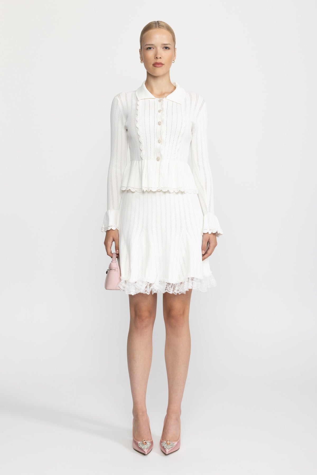 Pointelle Knit Peplum Cardigan and Lace Hem Skirt Co-ord Set - White
