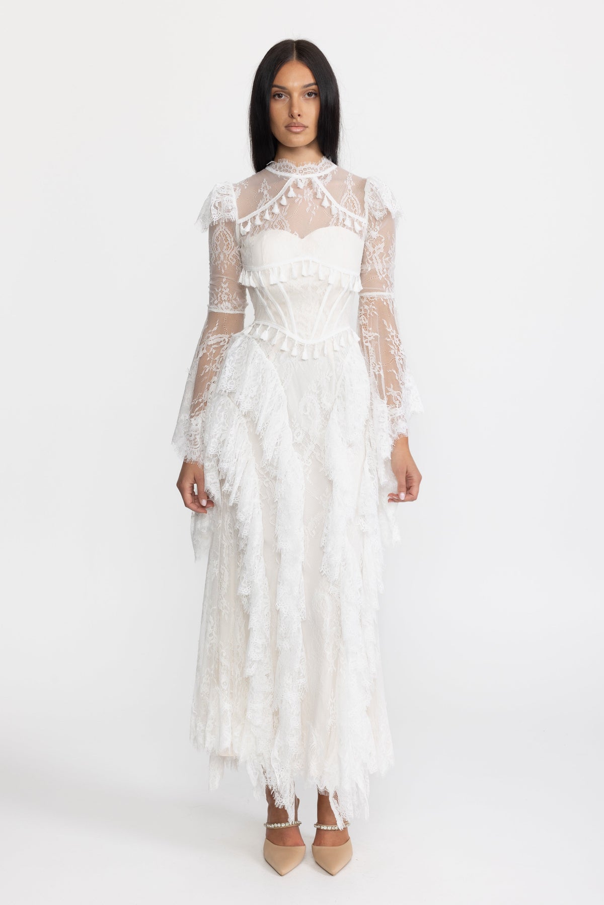 Tassel Trim Lace Corset Bell Sleeve Maxi Dress - White
