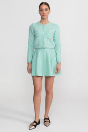 Delphine Teal Knit Co-Ord Set With Long Sleeve Cardigan And Matching Mini Skirt