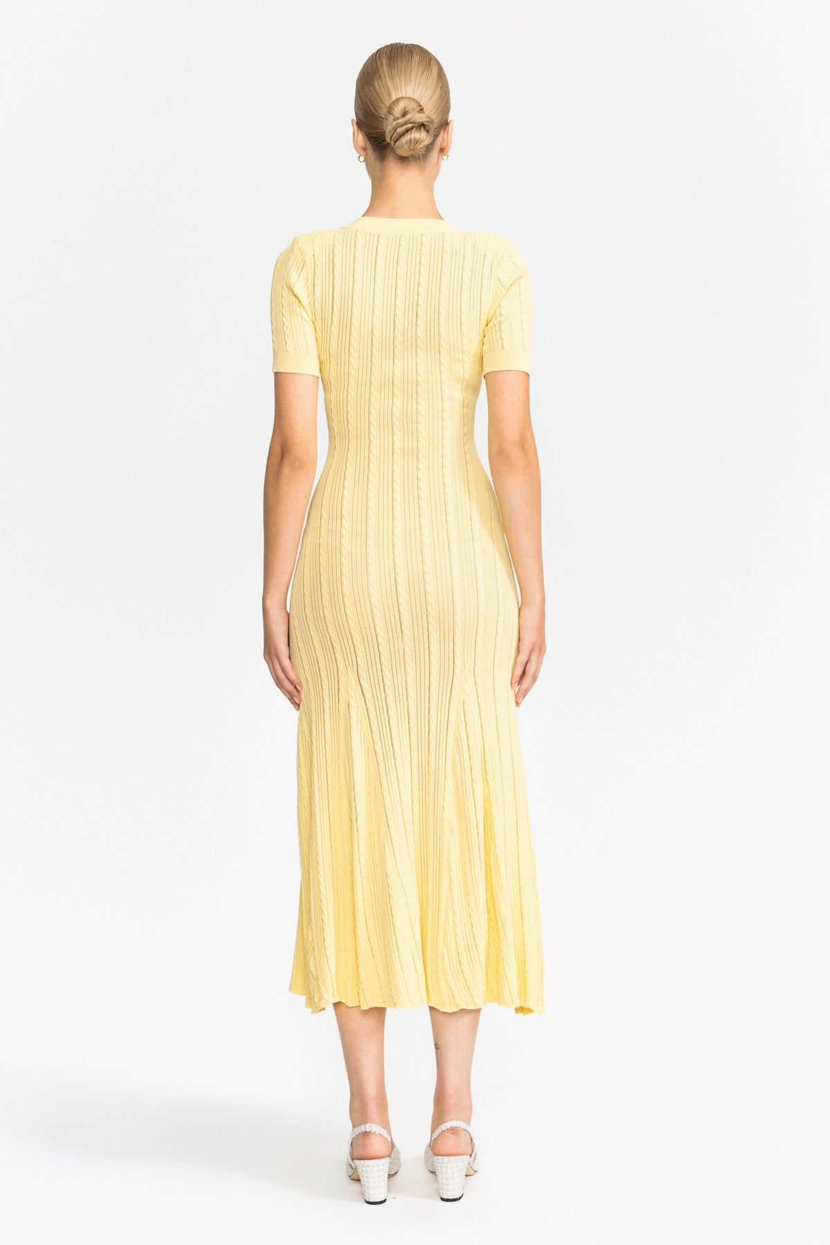 Cable Knit Jewel-Button Midi Dress - Yellow
