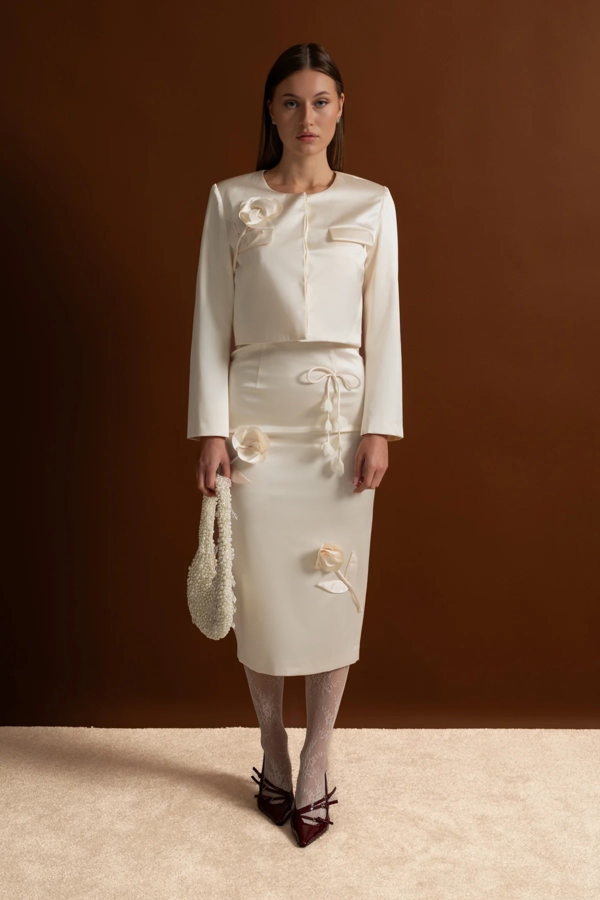 Taffeta Pencil Skirt with Bow and Floral Details - Ivoire