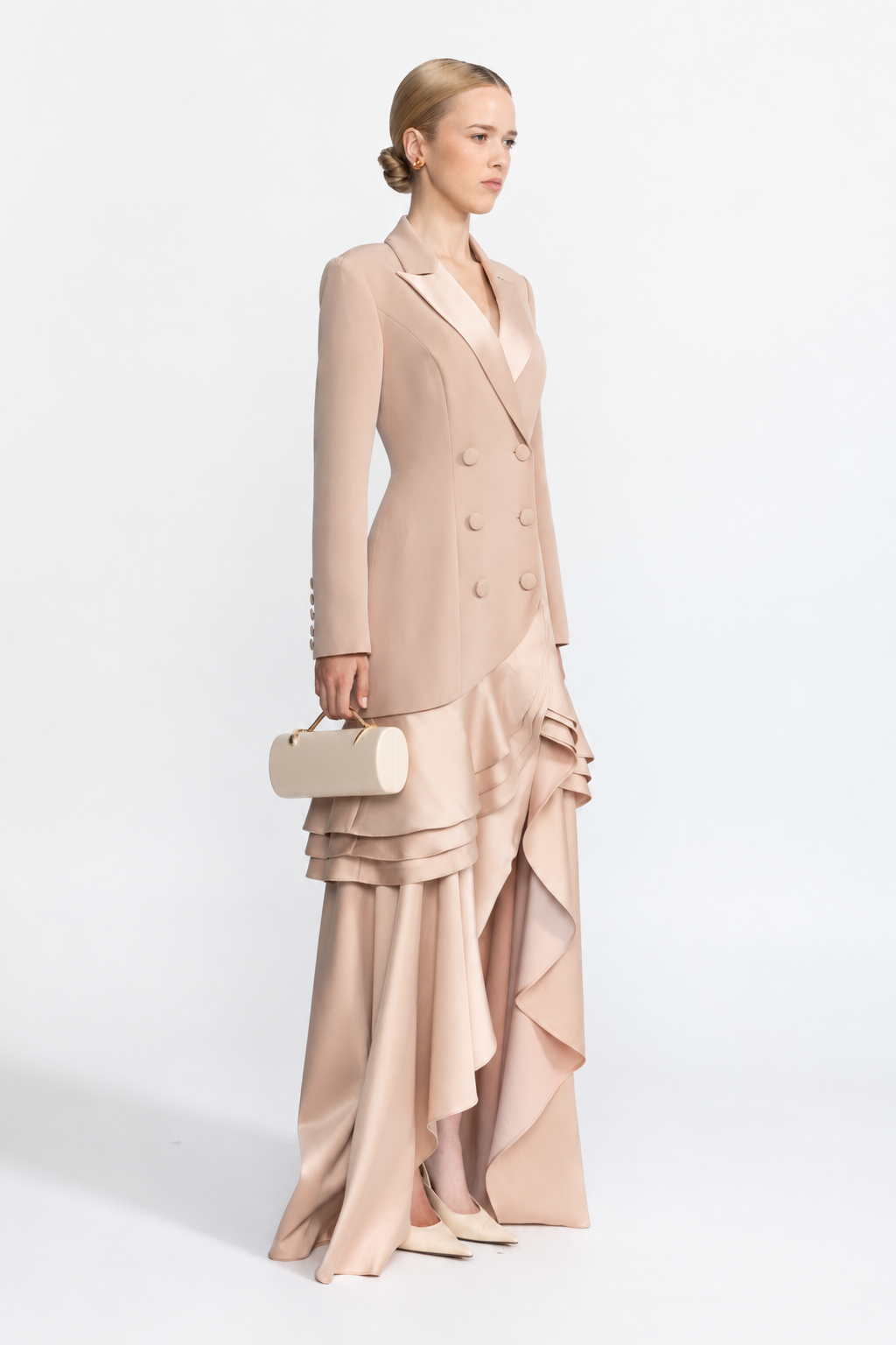Félicie Beige Satin Ruffle Hem Double-Breasted Blazer Maxi Dress