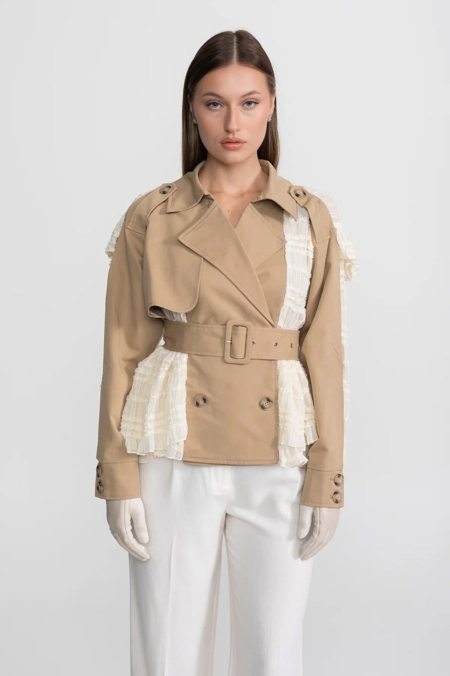 Lace Panel Trench Jacket With Belt – Beige