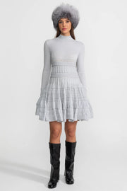 Ludovica Light Gray Textured Knit Mini Dress with Flared Skirt