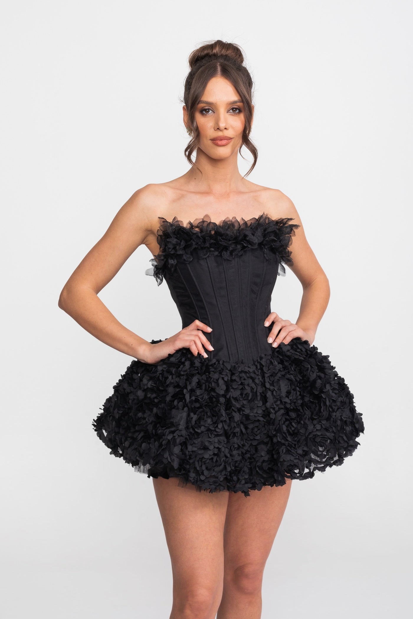 black strapless corset mini dress Strapless Corset Mini Dress With 3D Rose Appliqué Skirt