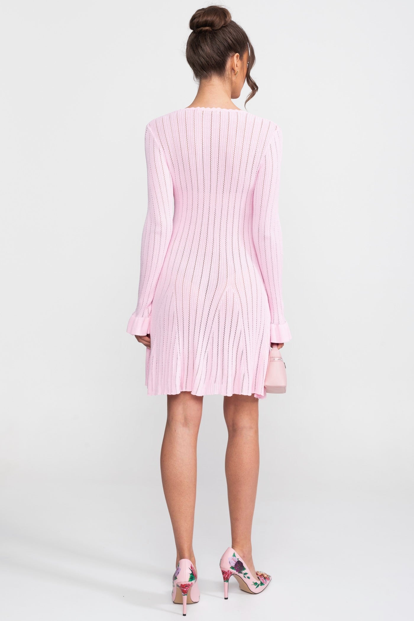 Open-Knit Mini Dress With Scallop Neck And Ruffle Cuffs - Pink